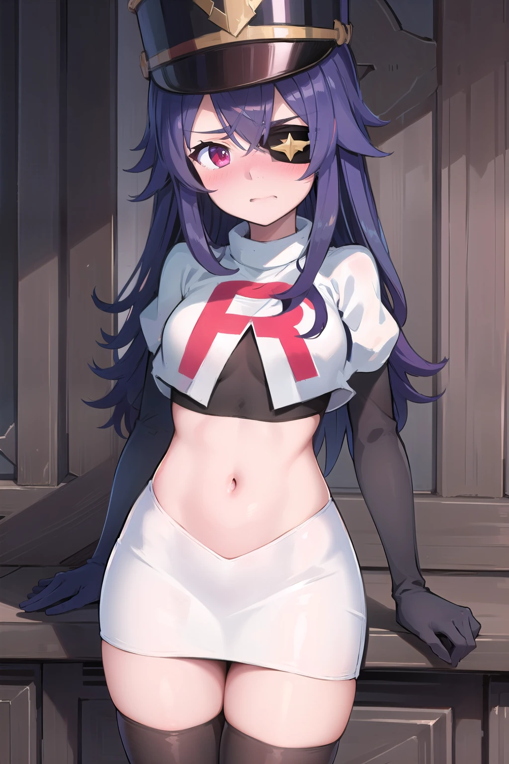((masterpiece,best quality)), 1girl, chevreuse, shako cap, eyepatch, blush, team rocket,team rocket uniform, red letter R, white skirt,white crop top,black thigh-highs,black elbow gloves, embarrassed, blush