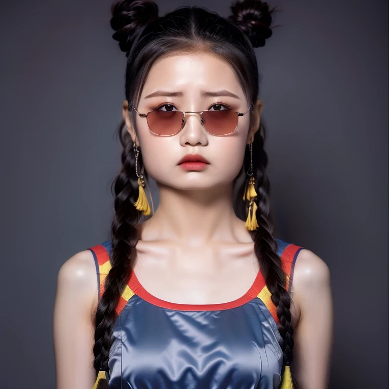 （best quality, masterpiece：1.2）, ID photo of a 13-year-old Chinese girl, sportswear, camisole，Pure cotton，gray background, Surrealism, ultra high definition, textured skin, high detail，facing the camera, 8K crocodile skeleton（（（platinum marble sunglasses）））