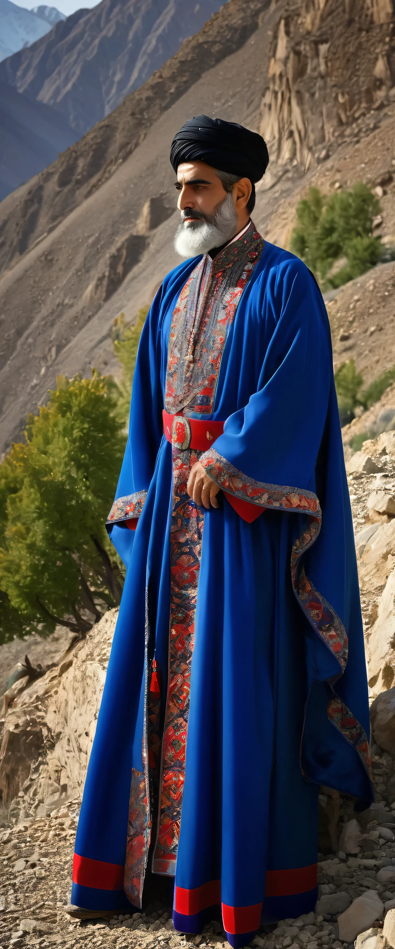 Amidst the rugged peaks of the Alborz Mountains, a solitary Emperor of Iran stands upon a windswept cliff, his regalia a vivid testament to the glory of Persia. His robes, dyed in hues of deep crimson and royal blue, billow around him like banners of ancient conquest. Adorned with intricate patterns of swirling arabesques and delicate floral motifs, they speak of a rich cultural heritage passed down through generations. A crown of gleaming silver rests upon his brow, its jewels sparkling in the mountain light. With a fur-lined cloak draped around his shoulders, he stands alone, a figure of majestic solitude against the backdrop of towering peaks and endless skies,masterpiece, textured skin, anatomically correct, masterpiece, retina, super detail, high details, high quality, best quality, 16k, 8k, highres