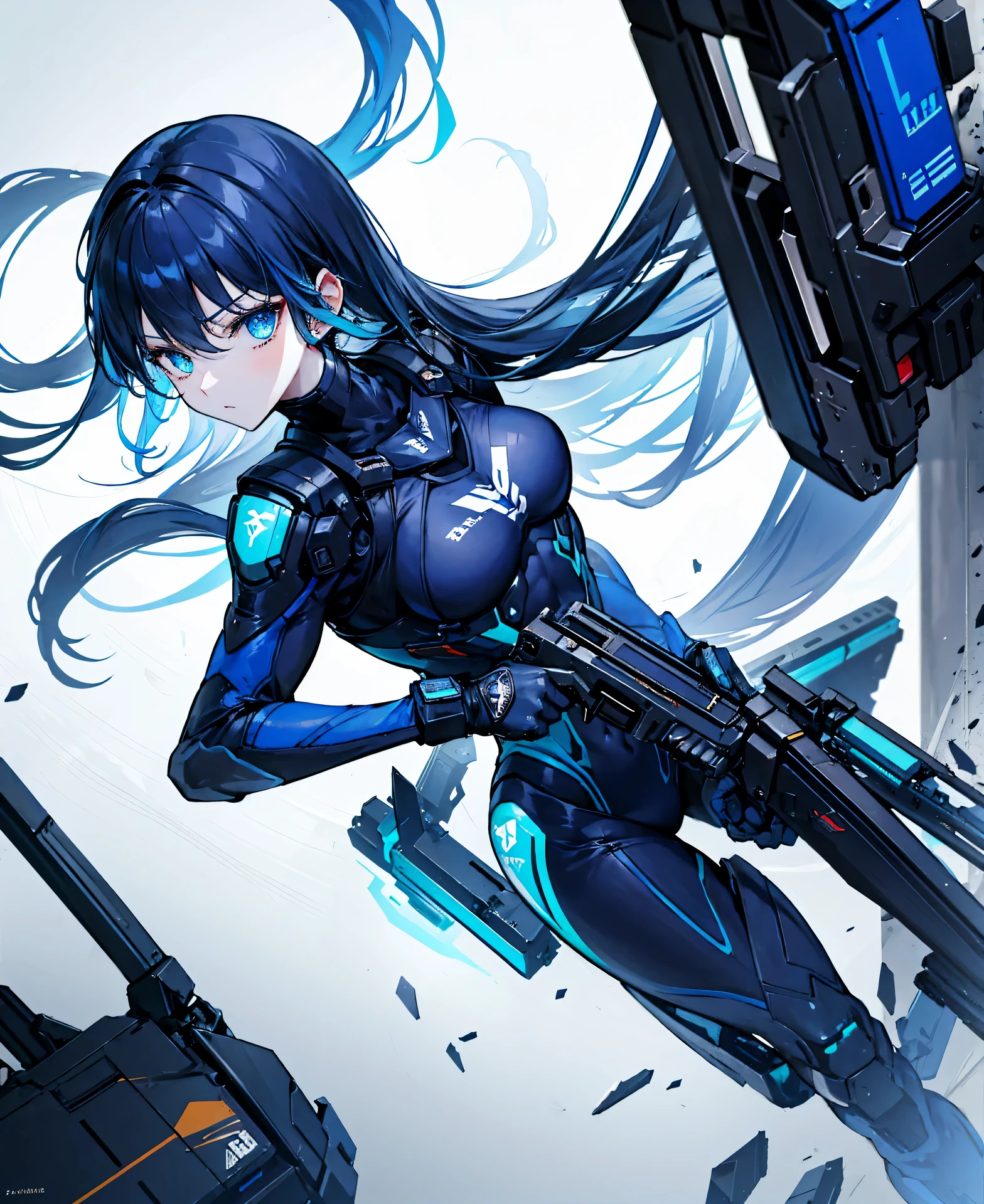 no background,girl,carry a firearm,Enamel style tight suit,use of firearms,dark blue long hair,attention arousal,blue colored eyes,no gradation