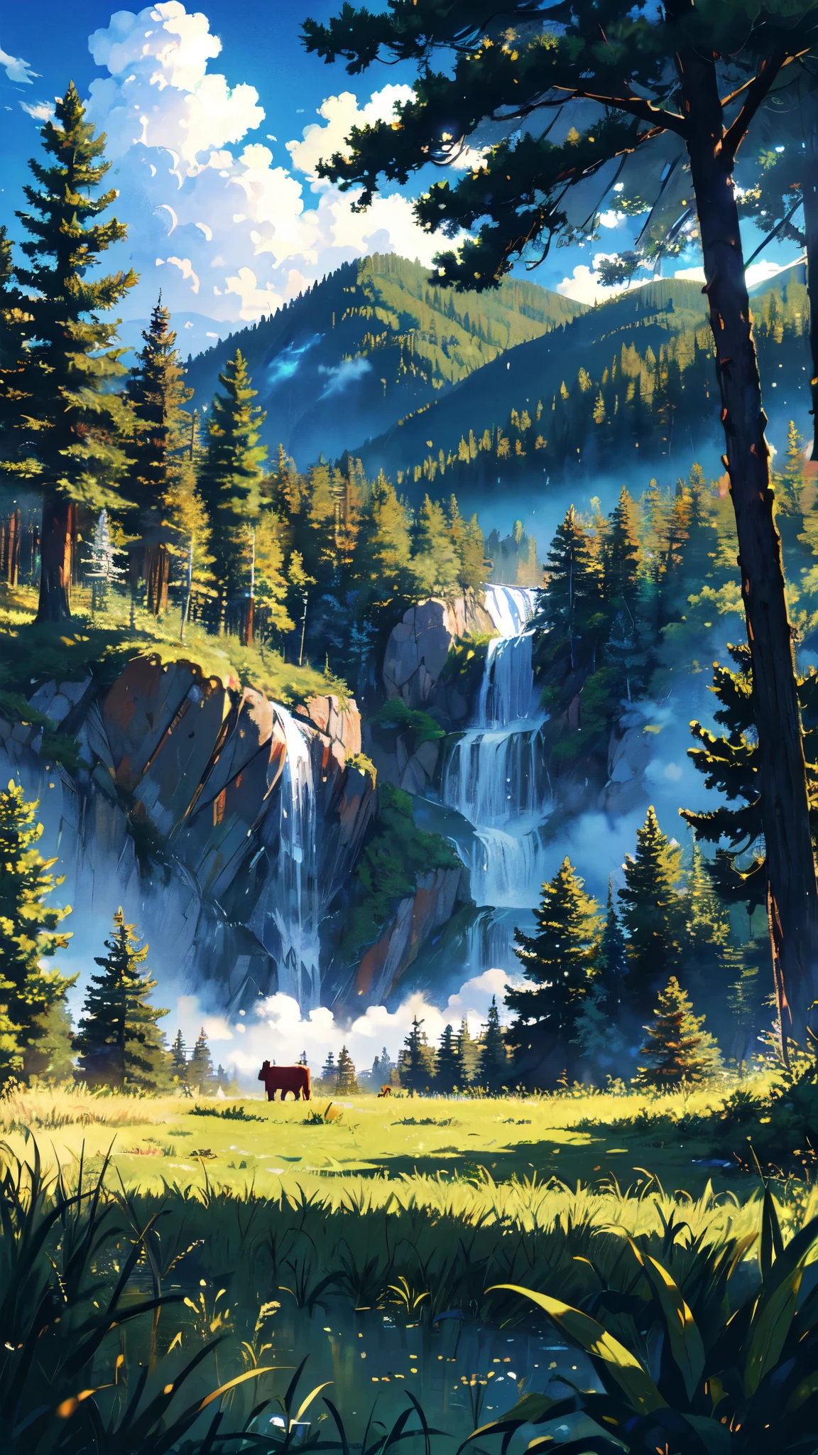 cow,
BREAK (masterpiece, best quality:1.2), outdoors, nature, forest, pines, grass, tall grass, detailed grass, plants, day, clouds,