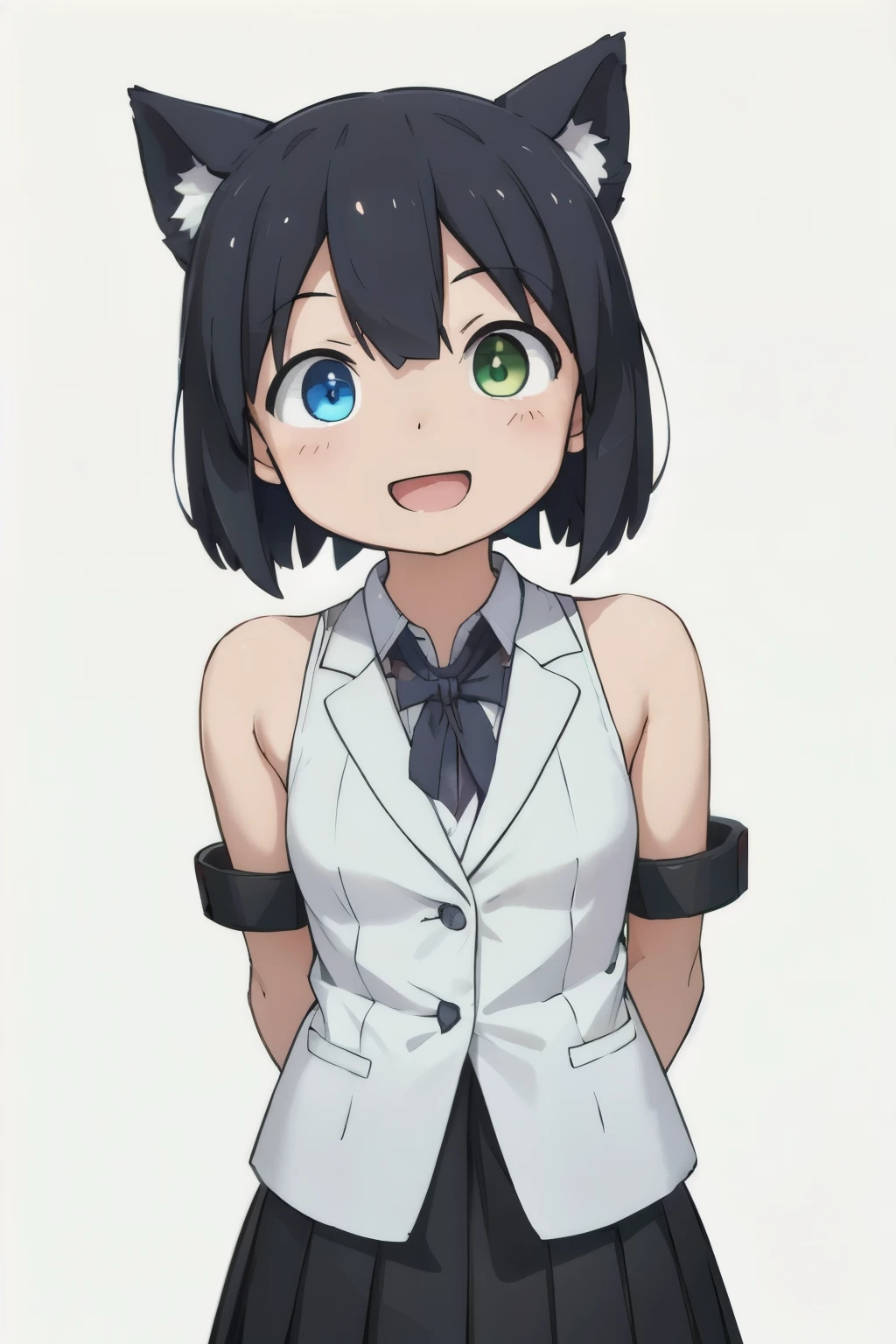 white background、Solid white background、blank background、show both arms、arms behind back、adult woman、sharp eyes、hide your hands、Upper body photographed from the front,(high quality, Breathtaking),(delicate eyes, perfect face)solo,Era: late 20s, Heterochromia - left eye is yellow、The right eye is light blue.、open your mouth without showing your teeth、Smile with mouth wide open、open your mouth wide、medium shoulder length hair, black hair, White Blazer Clothing,black pleated skirt
