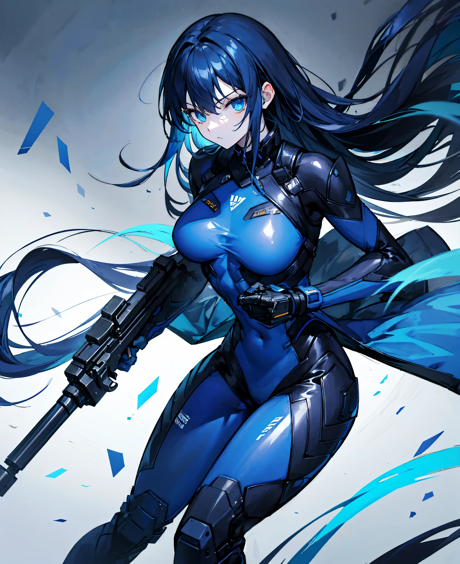 no background,girl,carry a firearm,Enamel style tight suit,use of firearms,dark blue long hair,attention arousal,blue colored eyes,no gradation