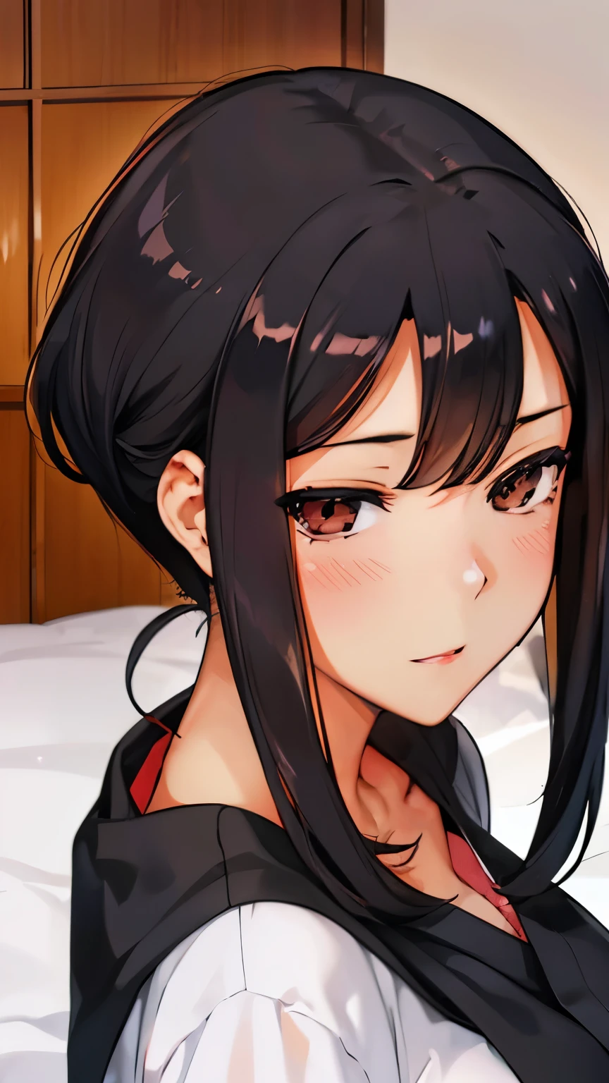 calidad superior, Obra maestra, Ultra high resolution, Manhwa type illustration of a Korean girl with black hair., ojos negros, acostado en una cama y solo usando ropa interior roja. Tetas grandes