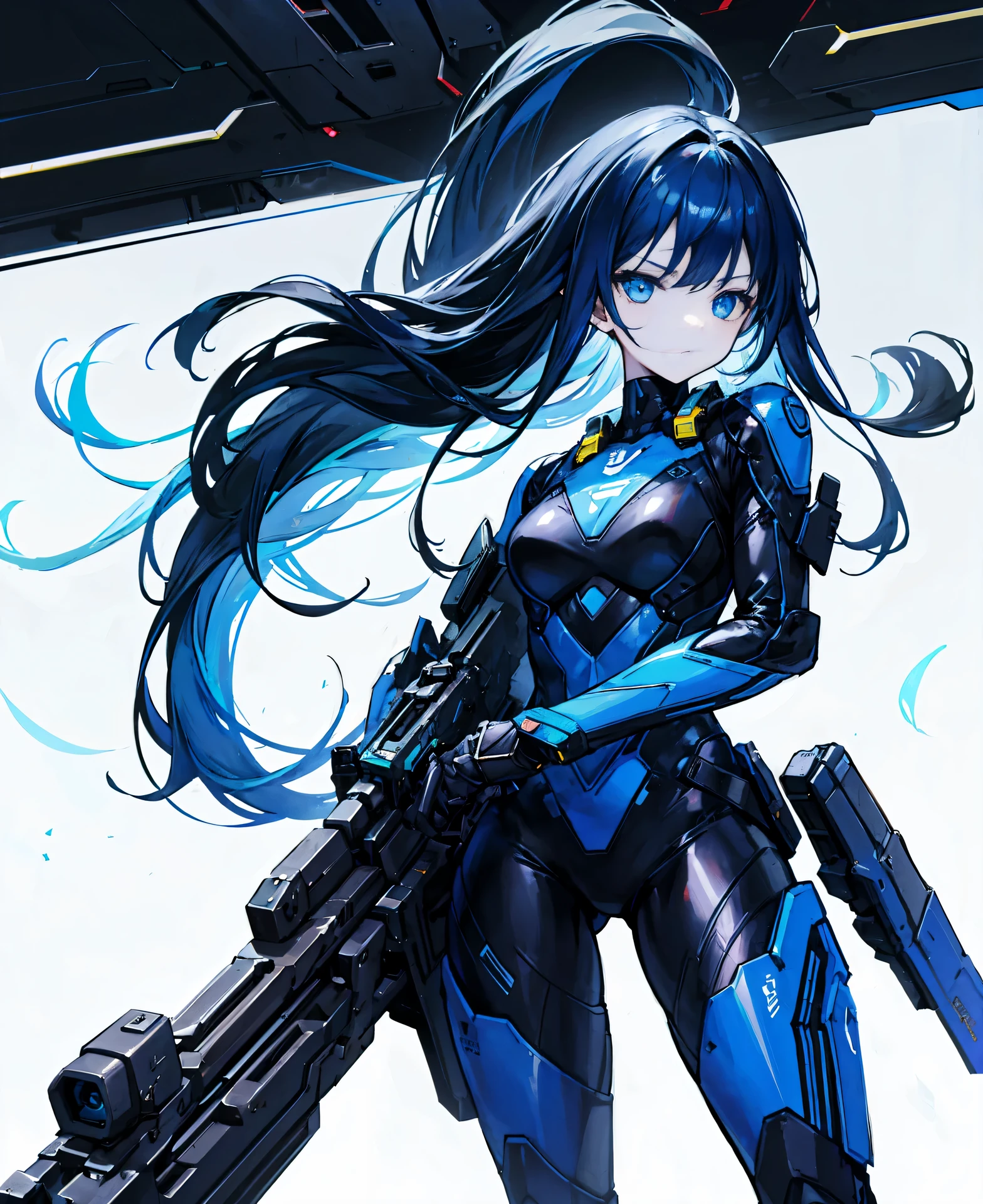 no background，girl，carry a firearm，Enamel style tight suit，use of firearms，dark blue long hair，attention arousal，blue colored eyes,no gradation