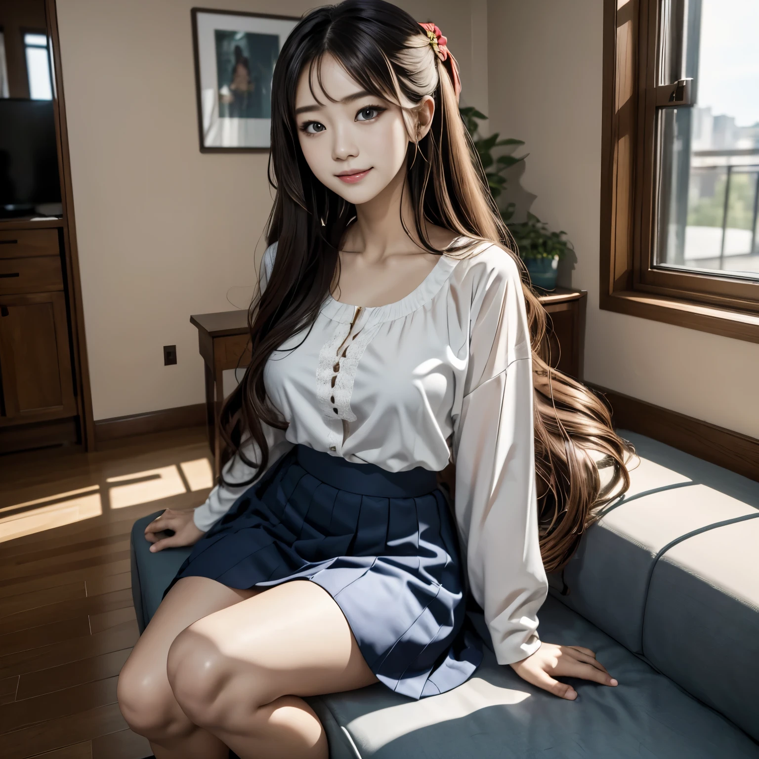 masterpiece, highest quality, Highest image quality, highest resolution:1.2, 8k raw photo:1.5, super realistic:1.5, eyeliner, eye shadow, looking at the viewer, crooked, (full body shot) of (dolinobodies d15:0.8) wearing (パーティーof服装:1.2), 1女of子, alone, long hair, (big eyes, 透きとおった琥珀色of瞳, Ultra-mysterious:1.2), (大きめof胸, beautiful breasts, golden ratio body),  grin, No sleeve, bangs, blush, 衣服of切り抜き, long hair, つやofある肌, 広場of屋外席, cloudy sky, Upper body, Super detailed, figure, 