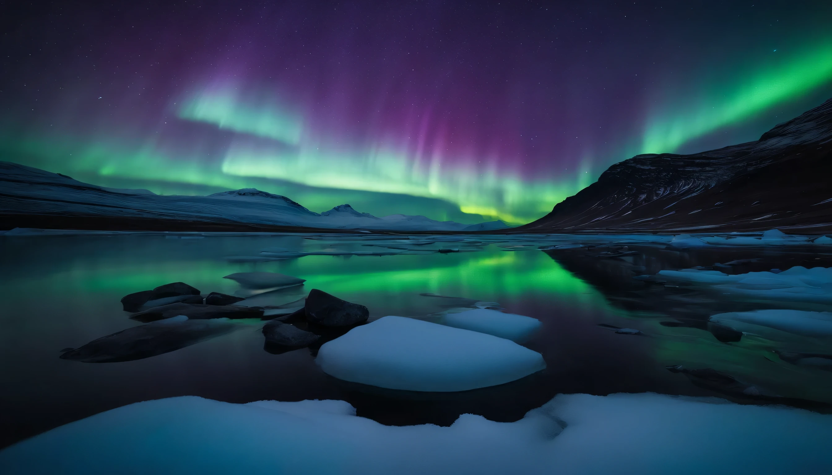A vast icy plain in Iceland, under the spellbinding dance of the Aurora Borealis. The ground is a tapestry of snow and ice, glistening under the ethereal green and purple lights of the aurora, reflecting the sky's mesmerizing colors. In the distance, silhouettes of distant mountains line from out space space, the horizon, adding depth to the landscape. Capture this scene with a focus on the crisp clarity of the ice and the dynamic movement of the aurora. Utilize long exposure to render the aurora's movement as a fluid, glowing curtain over the stark, frozen landscape. Enhance the scene with the use of a cold color temperature to emphasize the icy environment, while maintaining the aurora's vibrant colors. Incorporate a high dynamic range (HDR) technique to balance the exposure between the dark ground and the bright sky, ensuring detailed textures in the ice and snow are visible under the night sky 