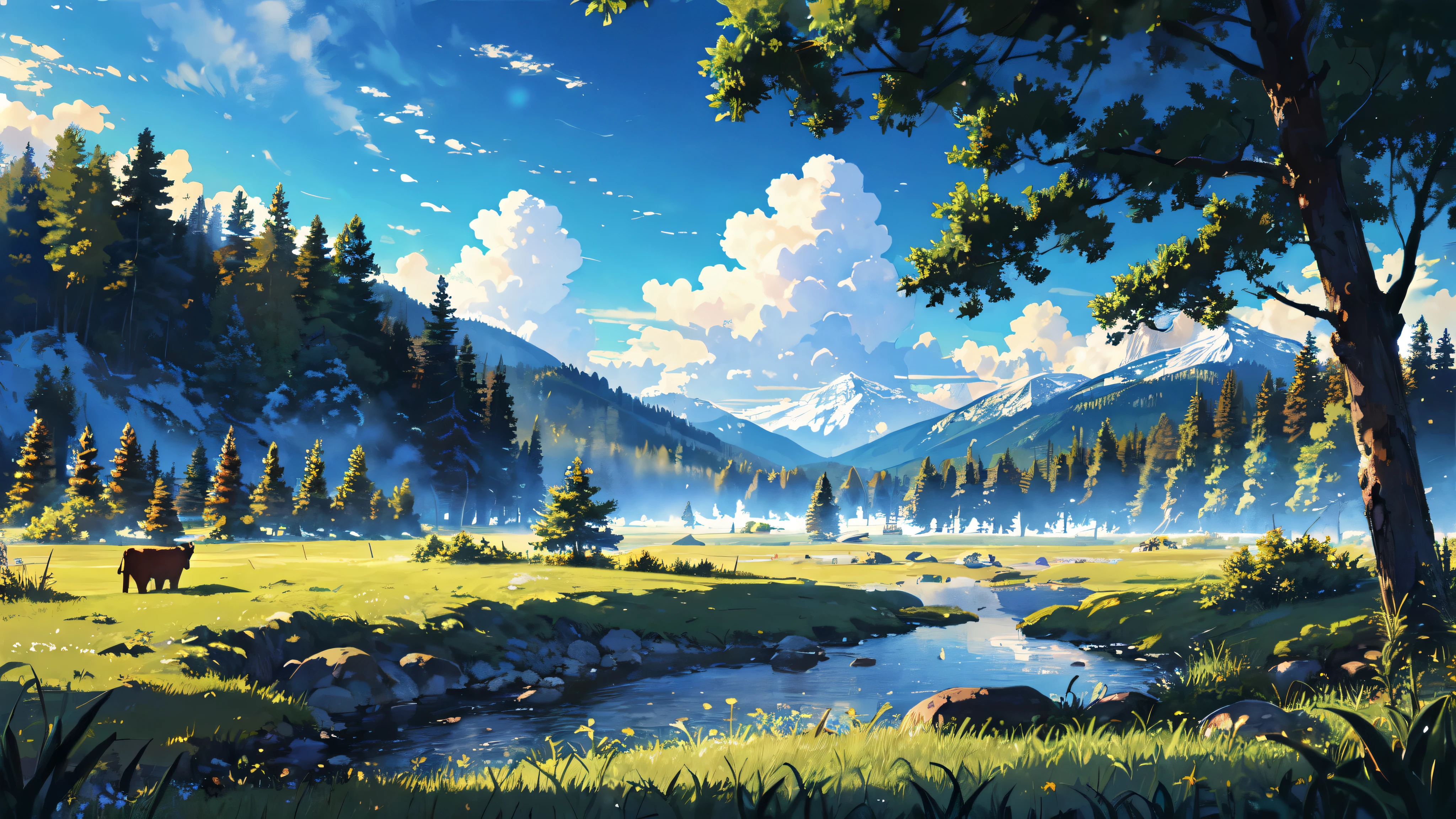 cow,
BREAK (masterpiece, best quality:1.2), outdoors, nature, forest, pines, grass, tall grass, detailed grass, plants, day, clouds,