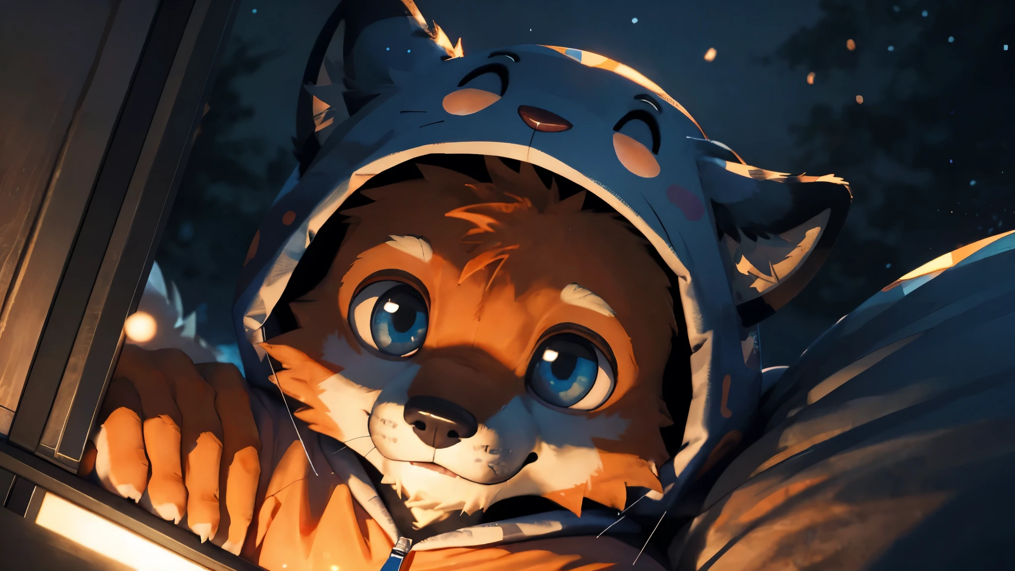 Masterpieces,official art,furry,male,shota,Anthropomorphic orange fox, (Orange fur), (cub),Delicate face,blue eyes,no hair, animals onesie bedroom, cozy room,night, depth of field, perfect lighting, light particles,(best quality),(masterpiece),(ultra detailed),sharp focus,light particles. Focus on character. (close shot)
