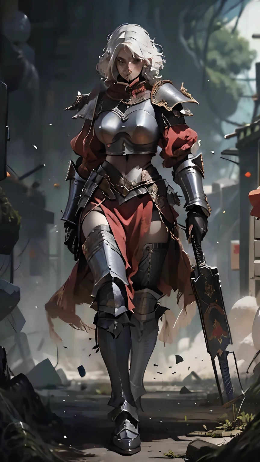 Warhammer girl, walking (walking towards the camera), black armor, sister of battle, white hair, camera from below, epic shot, 