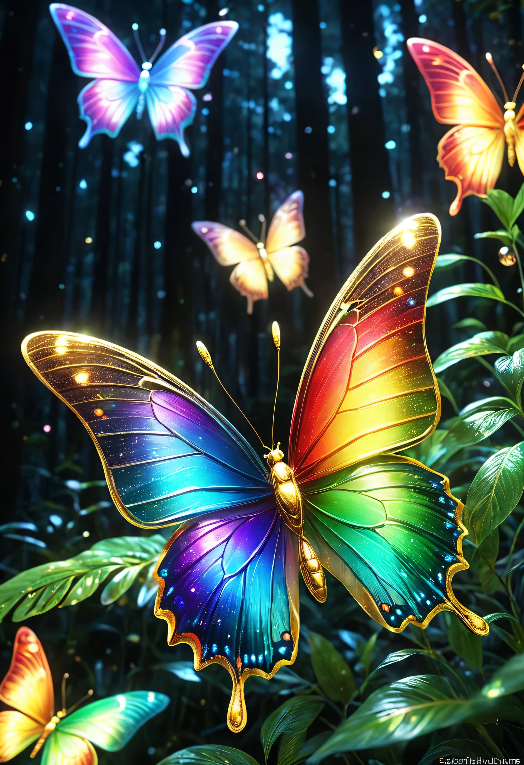 暗闇の中を羽ばたくbutterfly々はRainbow-coloredに輝き、As beautiful as a dream、It touches my heart.,butterfly々:Rainbow-colored:seven colors:luminescence:shine,dark background:night forest:that&#39;terrible,flash,とてもflash,masterpiece,最高masterpiece,best configuration,beautiful sight,dream-like,優しくshinebutterfly々,gracefully,rendering,unreal engine,Elements of Zentalg,intricate details,gracefully描く,with great care,particles of light:shine鱗,butterflyの羽ばたきの軌跡がshine,