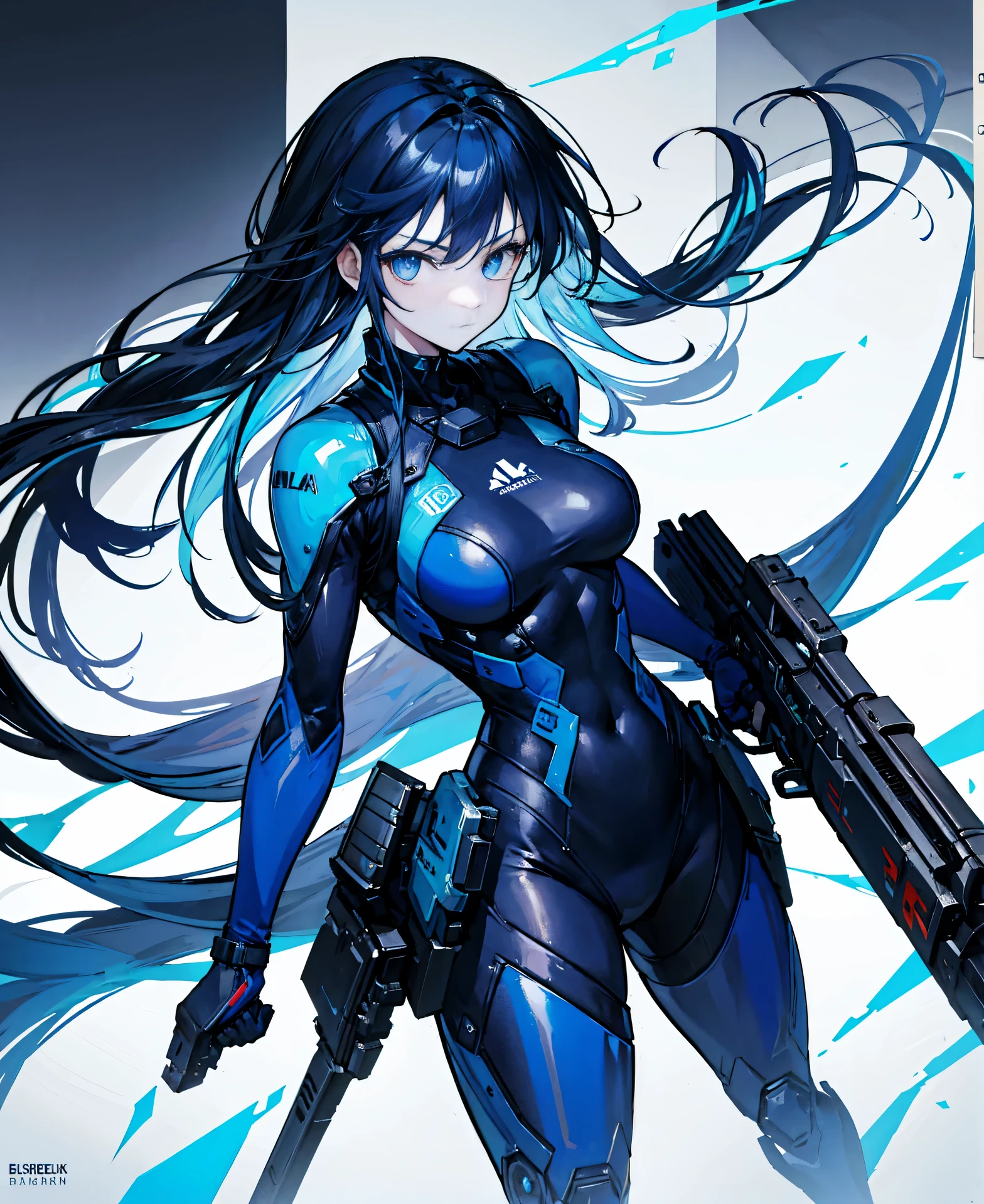 no background,girl,carry a firearm,Enamel style tight suit,use of firearms,dark blue long hair,attention arousal,blue colored eyes,no gradation