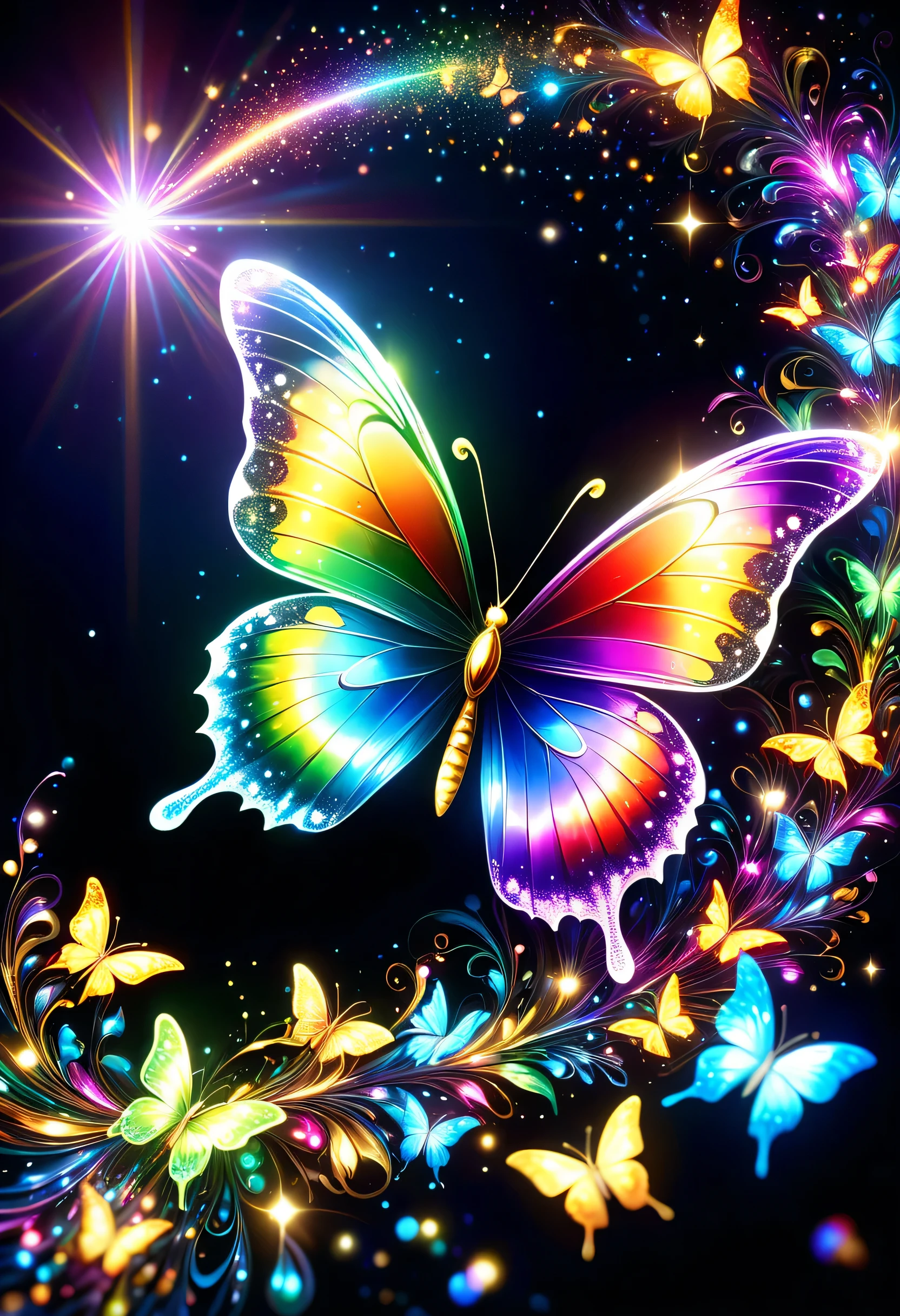 暗闇の中を羽ばたくbutterfly々shine、As beautiful as a dream、It touches my heart.,butterfly々:Rainbow-colored:seven colors:luminescence:shine,dark background,flash,とてもflash,masterpiece,最高masterpiece,best configuration,beautiful sight,dream-like,優しくshinebutterfly々,gracefully,rendering,unreal engine,Elements of Zentalg,intricate details,gracefully描く,with great care,particles of light:shine鱗,butterflyの羽ばたきの軌跡がshine,rich colors,colorful,