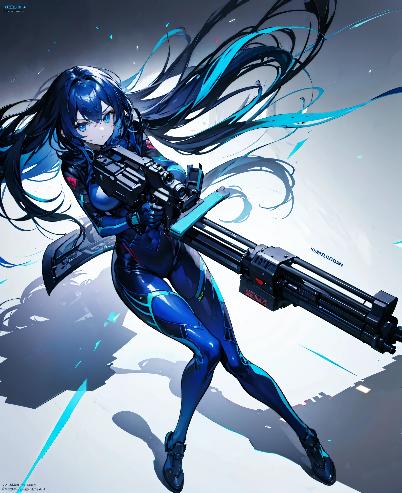 no background,girl,carry a firearm,Enamel style tight suit,use of firearms,dark blue long hair,attention arousal,blue colored eyes,no gradation