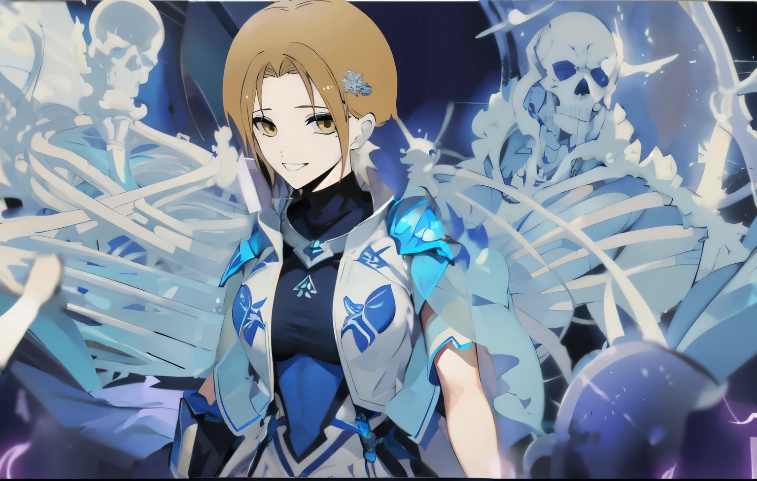 Blue and white coat,blue dark shirt,Long sword with ice sculpture texture,((largest breasts)),clothes fluttering in the wind