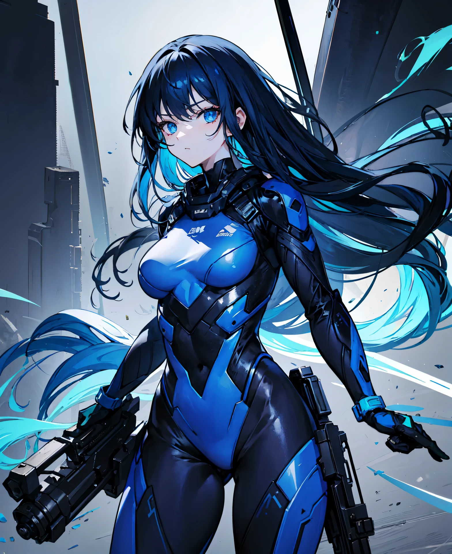 no background,girl,carry a firearm,Enamel style tight suit,use of firearms,dark blue long hair,attention arousal,blue colored eyes,no gradation