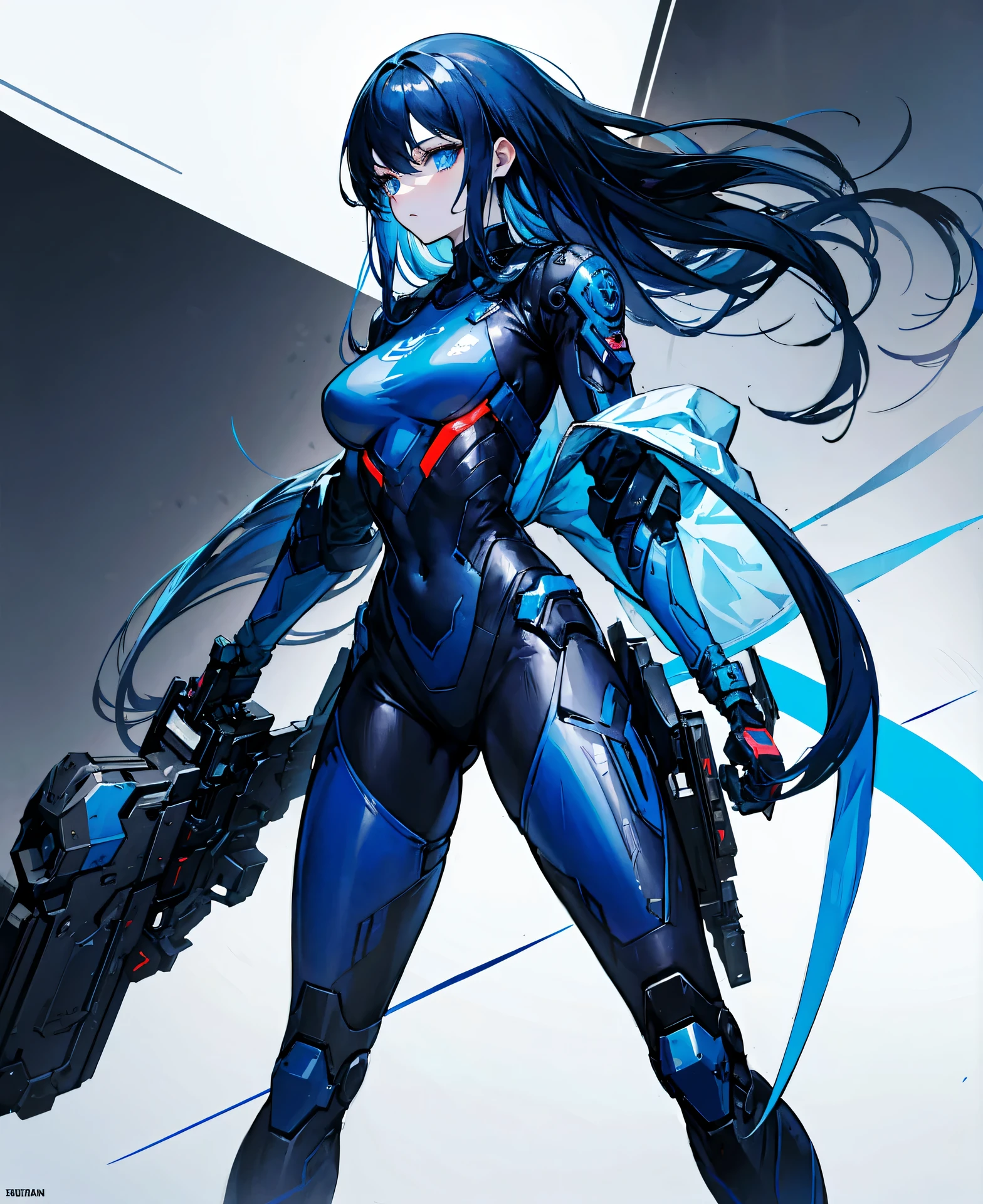 no background，girl，carry a firearm，Enamel style tight suit，use of firearms，dark blue long hair，attention arousal，blue colored eyes,no gradation