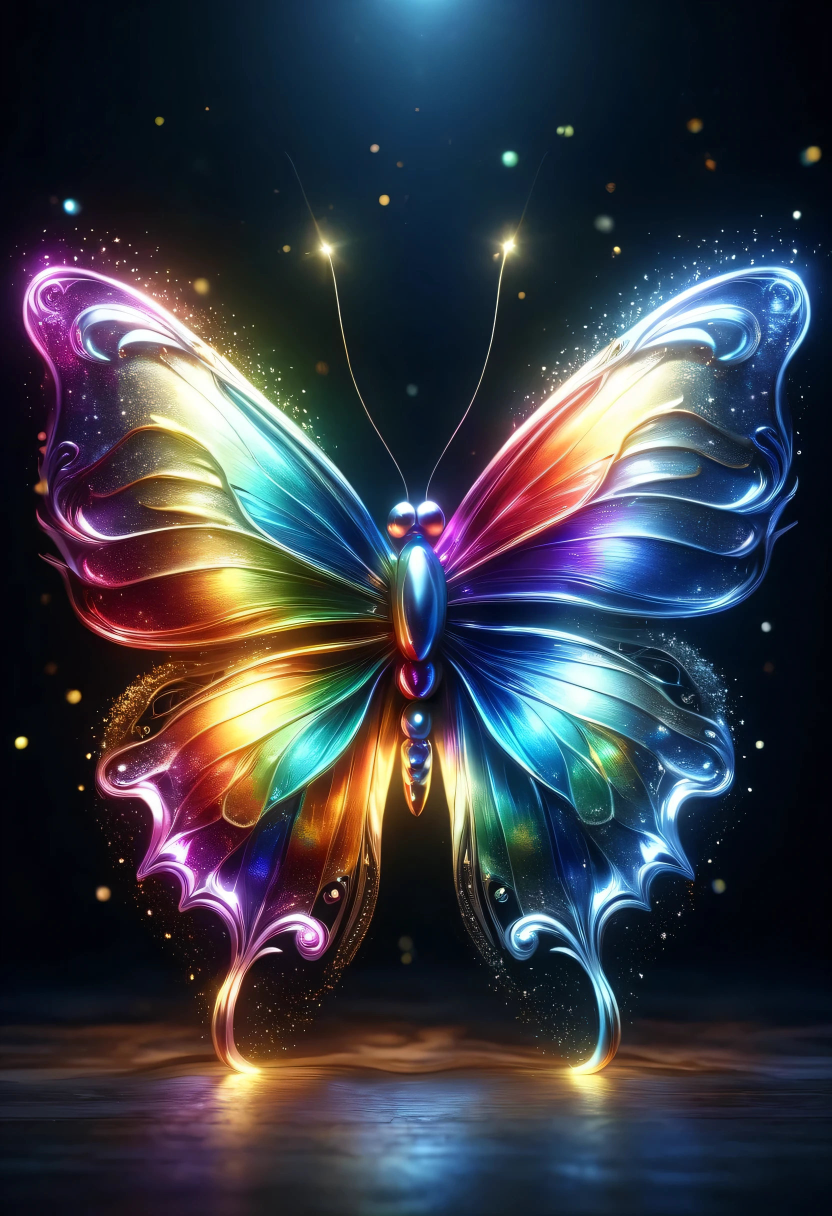 暗闇の中を羽ばたくbutterfly々shine、As beautiful as a dream、It touches my heart.,butterfly々:Rainbow-colored:seven colors:luminescence:shine,dark background,flash,とてもflash,masterpiece,最高masterpiece,best configuration,beautiful sight,dream-like,優しくshinebutterfly々,gracefully,rendering,unreal engine,Elements of Zentalg,intricate details,gracefully描く,with great care,particles of light:shine鱗,butterflyの羽ばたきの軌跡がshine,rich colors,colorful,anatomically correct,beautiful light and shadow,Mysterious,fantasy,fantasy,digital art