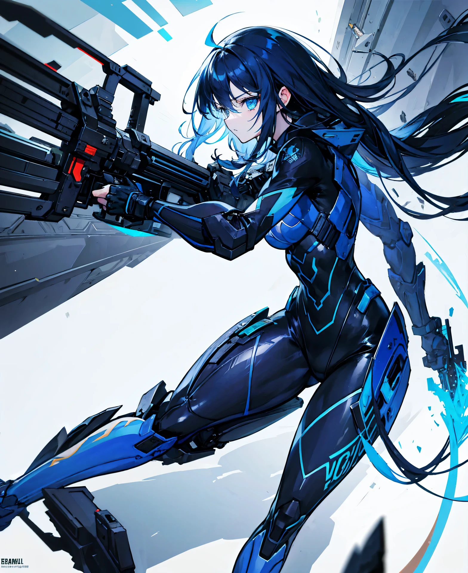 no background,girl,carry a firearm,Enamel style tight suit,use of firearms,dark blue long hair,attention arousal,blue colored eyes,no gradation
