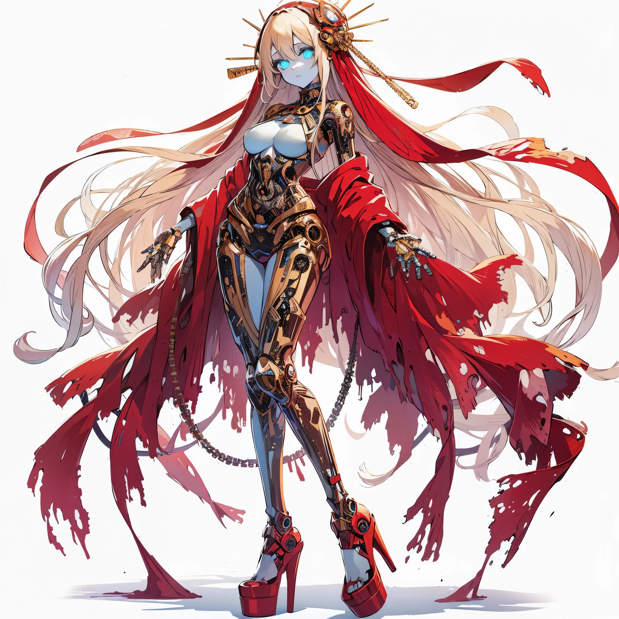 (masterpiece, Best Quality), (Perfect athlete body:1.2), (detailed hairs), Ultra-detailed, Anime style, Full body, Solo, mechanical undead lady, pale gold hair and glowing ultra-blue eyes, pale blue skin, ragged red Japanese nun’s habit, red ragged kimono, high-heeled boots, digital painting, 8k high resolution, trending art station, white background, whole body,
