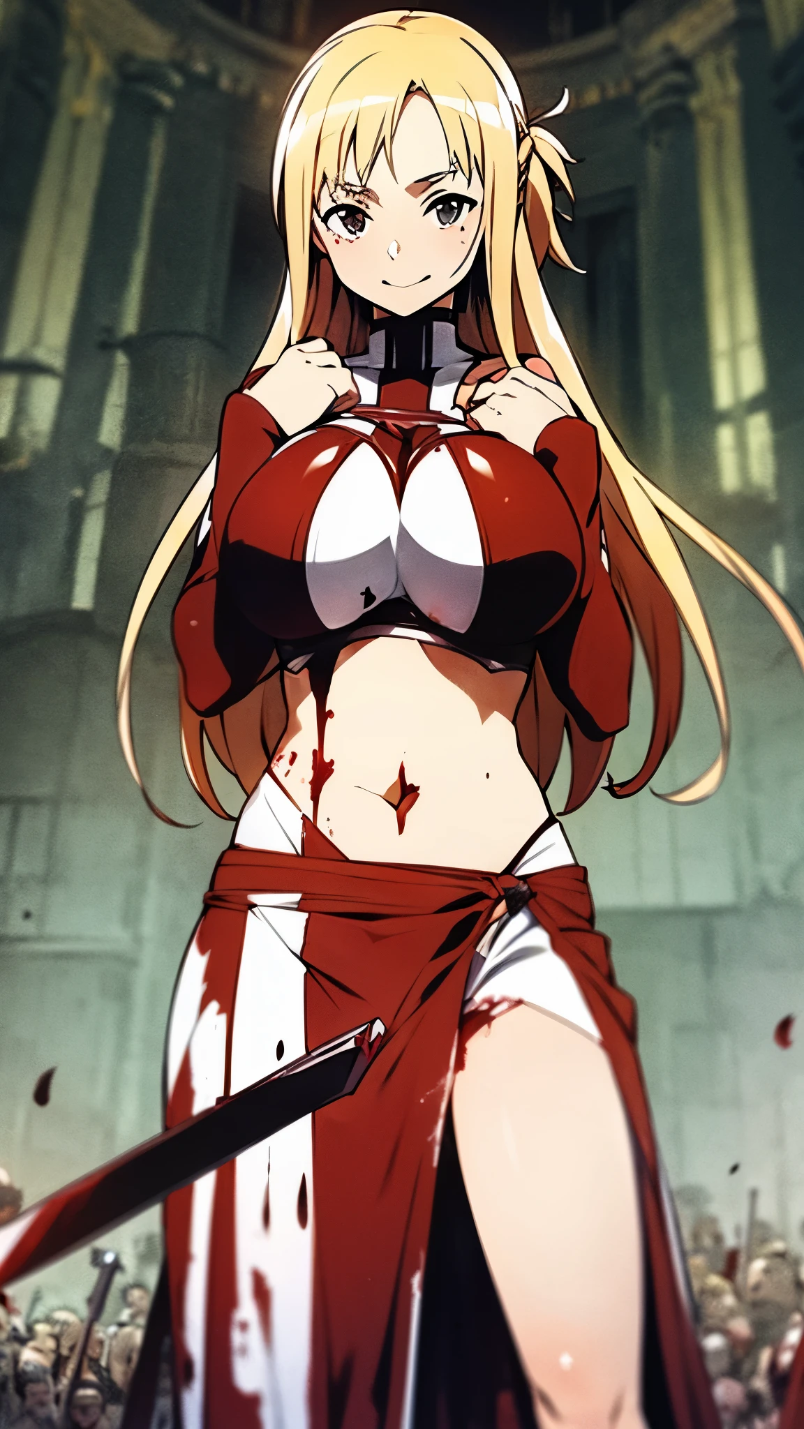 ((masterpiece)), ((best quality)), ((grotesque and splatter)), beautiful girl, curvy, tall, exposed belly, belly button, big breasts, femdom, slaughter, bloody white dress, Blood on the body, Bloody, Blood on the belly button, Blood on the belly, Blood on the breasts, tall, bloody knife, bloody sword, bloody belly, war, fight, kill, Behead, shot from below, POV from fallen enemies, sensual, Blood on the breasts, smile, spattered by much blood, having a big bloody sword, reflecting blood on the whole body, looking down on me, massaging breasts, getting excited sexially, kill everyone, blood splatter, cruel, background with battlefield, cut off head of man, holding a severed head
