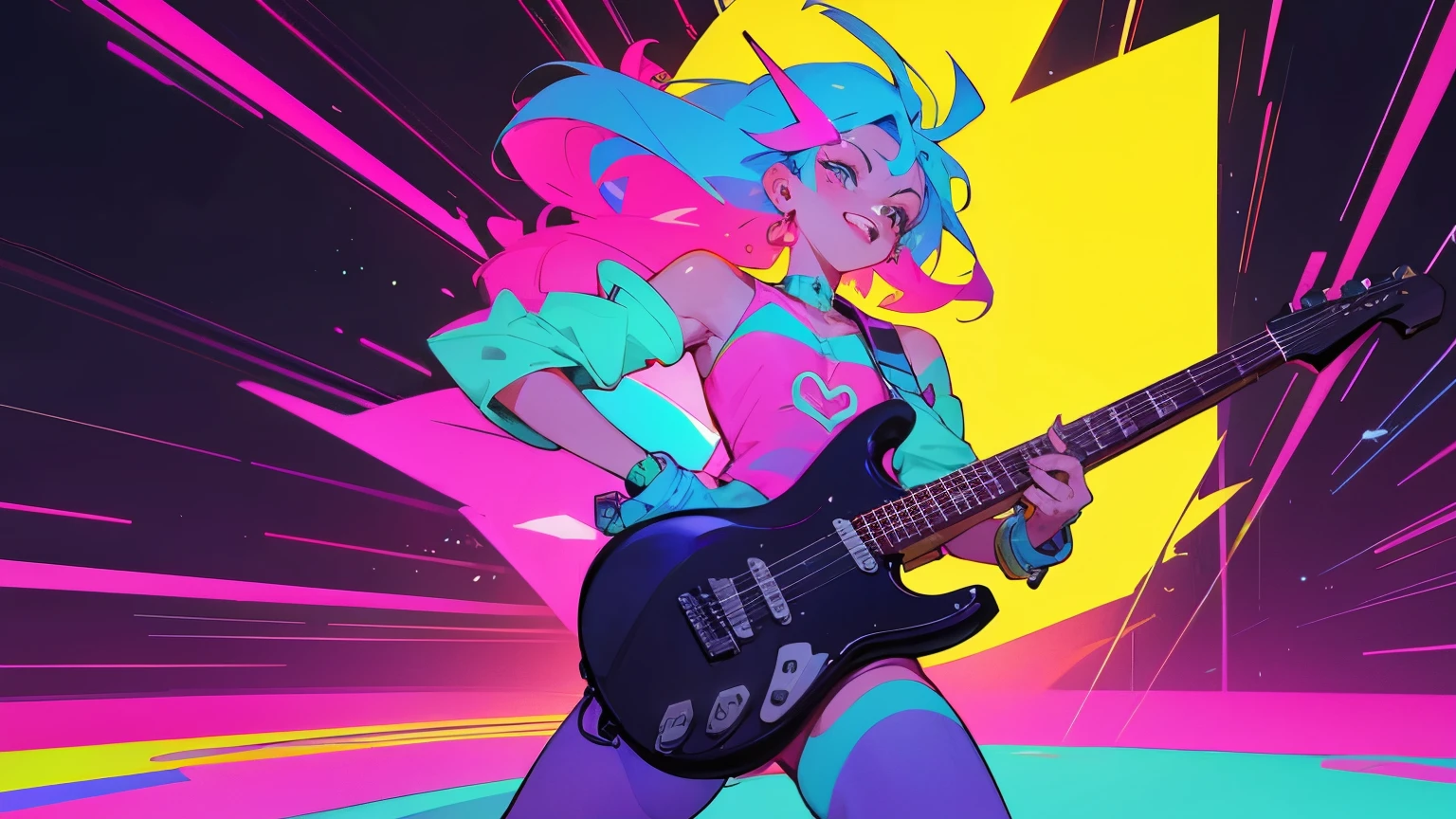 coloring book line art, a Brazilian guy playing electric guitar on stage for the people, synthwave art style, bold lines, dynamic composition, futuristic elements inspired by synthwave aesthetics, geometric patterns, a relaxed show with positive energy, colorful lights on stage, happy expression, flowing garments, electronic decoration elements on stage, neon-like outline effects, high contrast for easy coloring, visual clarity