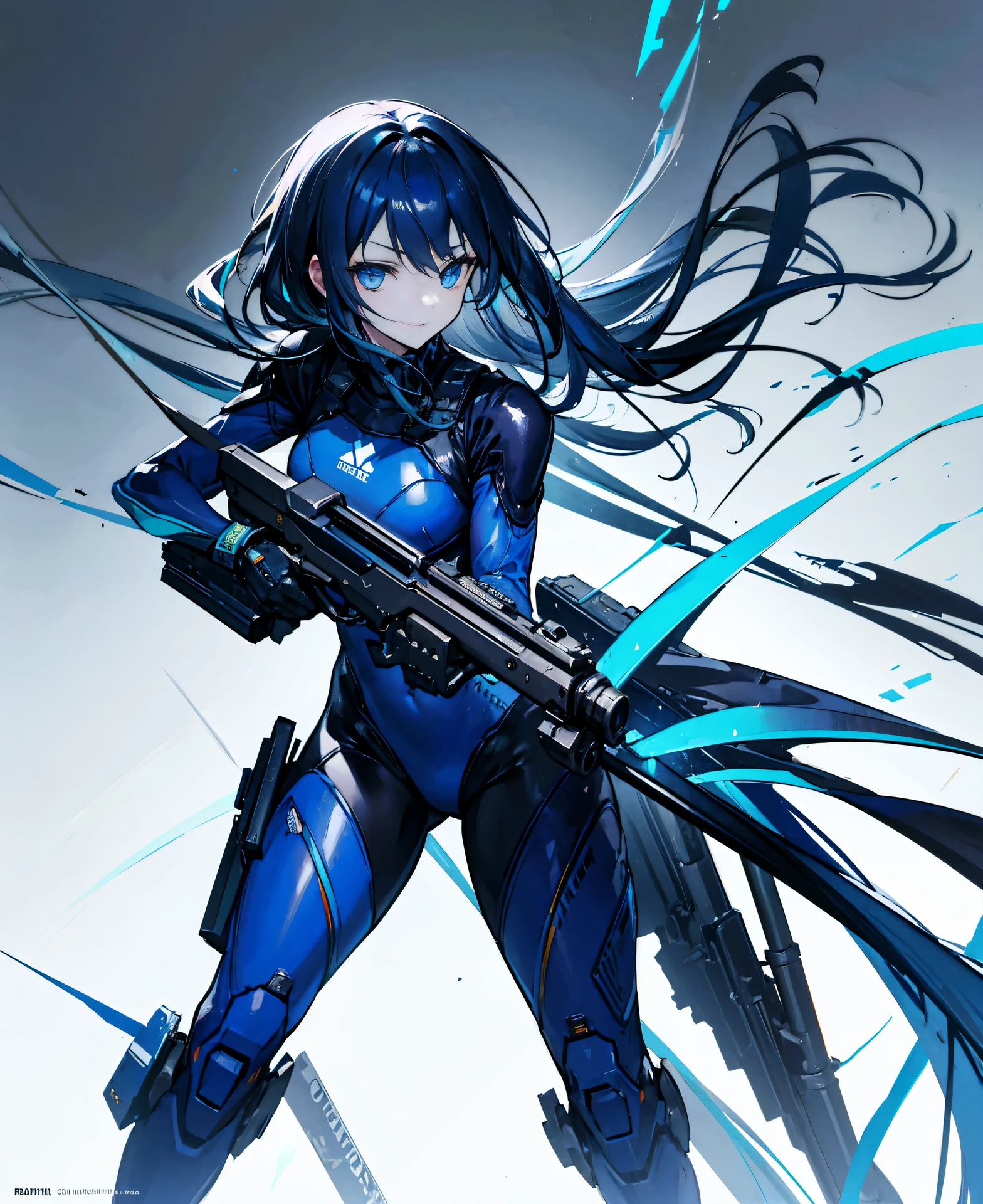 no background,girl,carry a firearm,Enamel style tight suit,use of firearms,dark blue long hair,attention arousal,blue colored eyes,no gradation