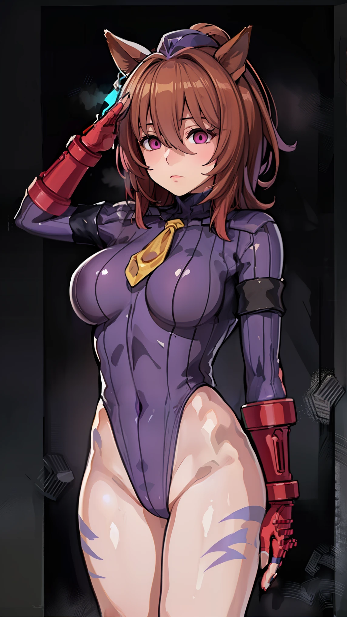 1 girl,NSFW,agnes tachyon ,(Uma Musume),clavicle, absurd, brainwashing,Combatant, empty eyes,((purple glowing eyes 1.5)),  huge breasts , No expression, emotions removed,(black shadaloo suit),look away , whole body shape, ((stand up, salute)),(highest quality、4k、8K、High resolution、must have:1.2)、Super detailed、(reality、It&#39;s realistic、realistic:1.37)、ticker、hyper hd、studio lighting、ultra definition paint、sharp focus、Physically based rendering、extreme details、Professional specifications、vibrancy and color、blurry、sports portrait、landscape、horror style、anime big breasts、SF、photograph、concept artist、five fingers, perfect body,  {{{masterpiece}}}, {{{highest quality}}}, {{Super detailed}}, {shape}, {{very delicate and beautiful}},Improved cost performance、all roles、Canon 5D MK4でphotograph、photograph, 