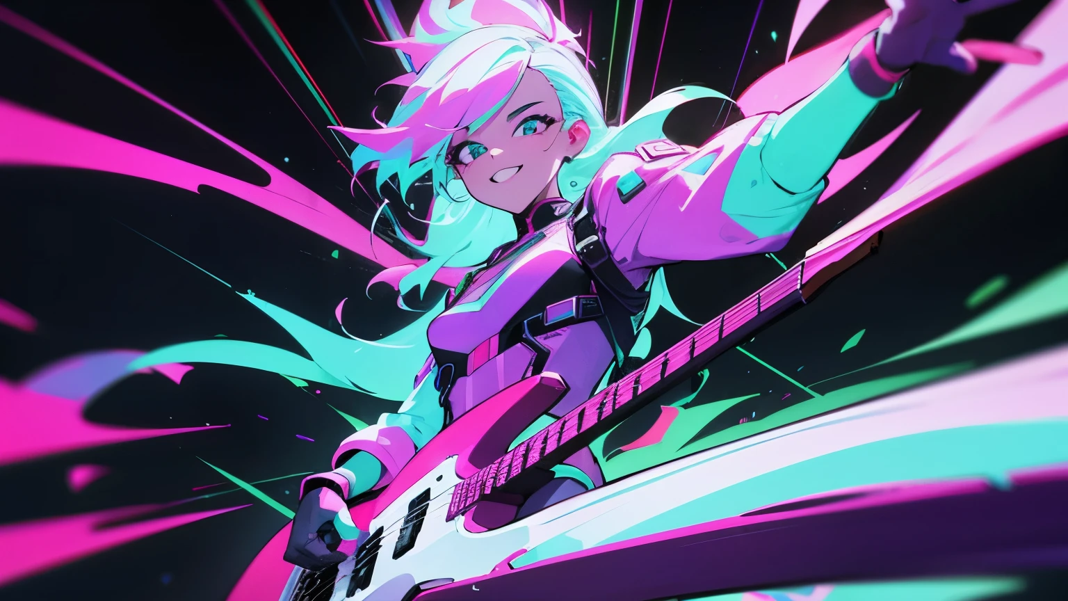 coloring book line art, a Brazilian guy playing electric guitar on stage for the people, synthwave art style, bold lines, dynamic composition, futuristic elements inspired by synthwave aesthetics, geometric patterns, a relaxed show with positive energy, colorful lights on stage, happy expression, flowing garments, electronic decoration elements on stage, neon-like outline effects, high contrast for easy coloring, visual clarity