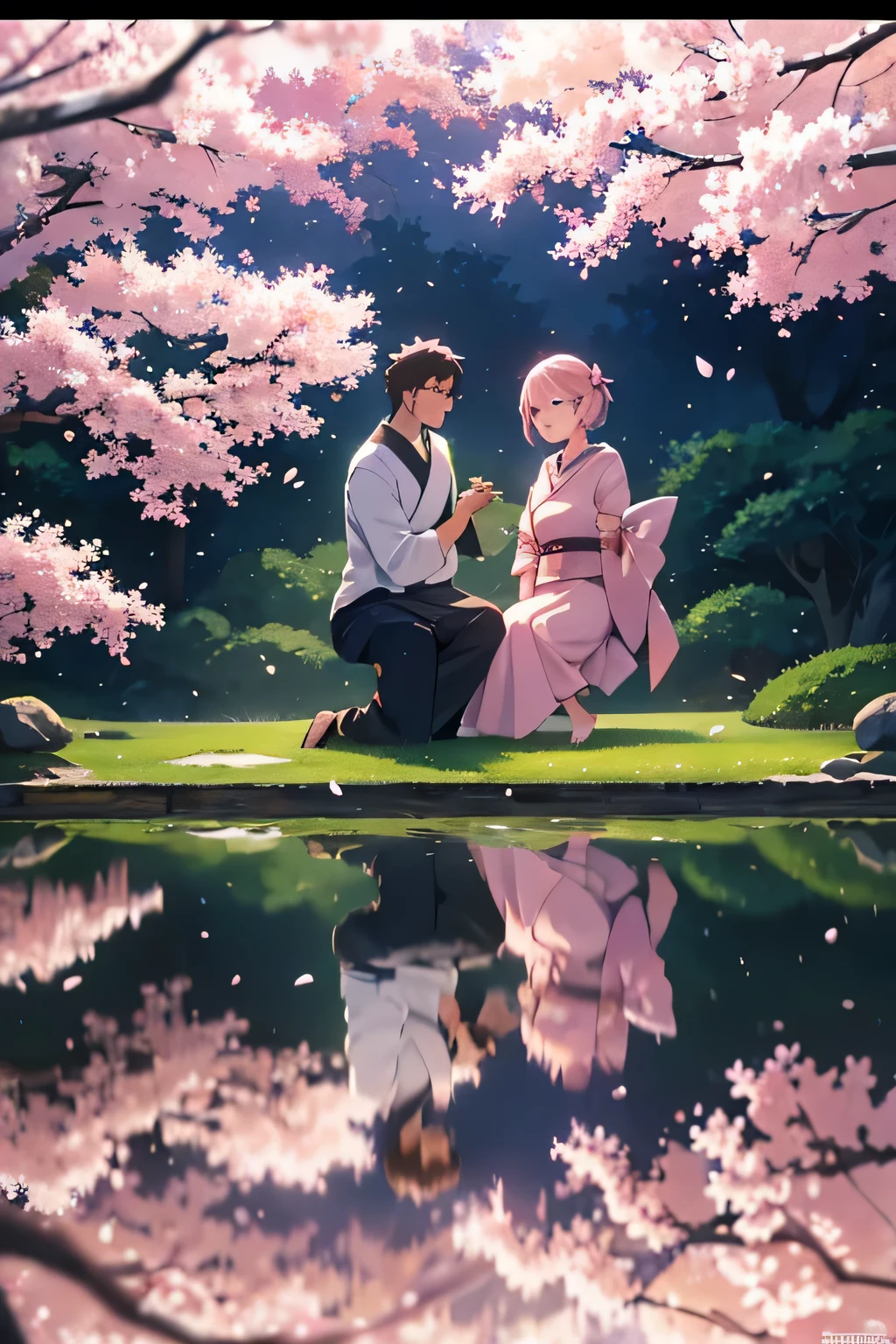 The animation opens to a picturesque view of a traditional Japanese garden, bathed in the soft hues of dawn. Cherry blossom trees stand tall, their delicate pink petals gently swaying in the breeze. A young couple sits beneath the blossoms, sharing a tender moment as they listen to the soothing melody of a distant flute. Japanese 2D anime style animation, 8K HD quality.