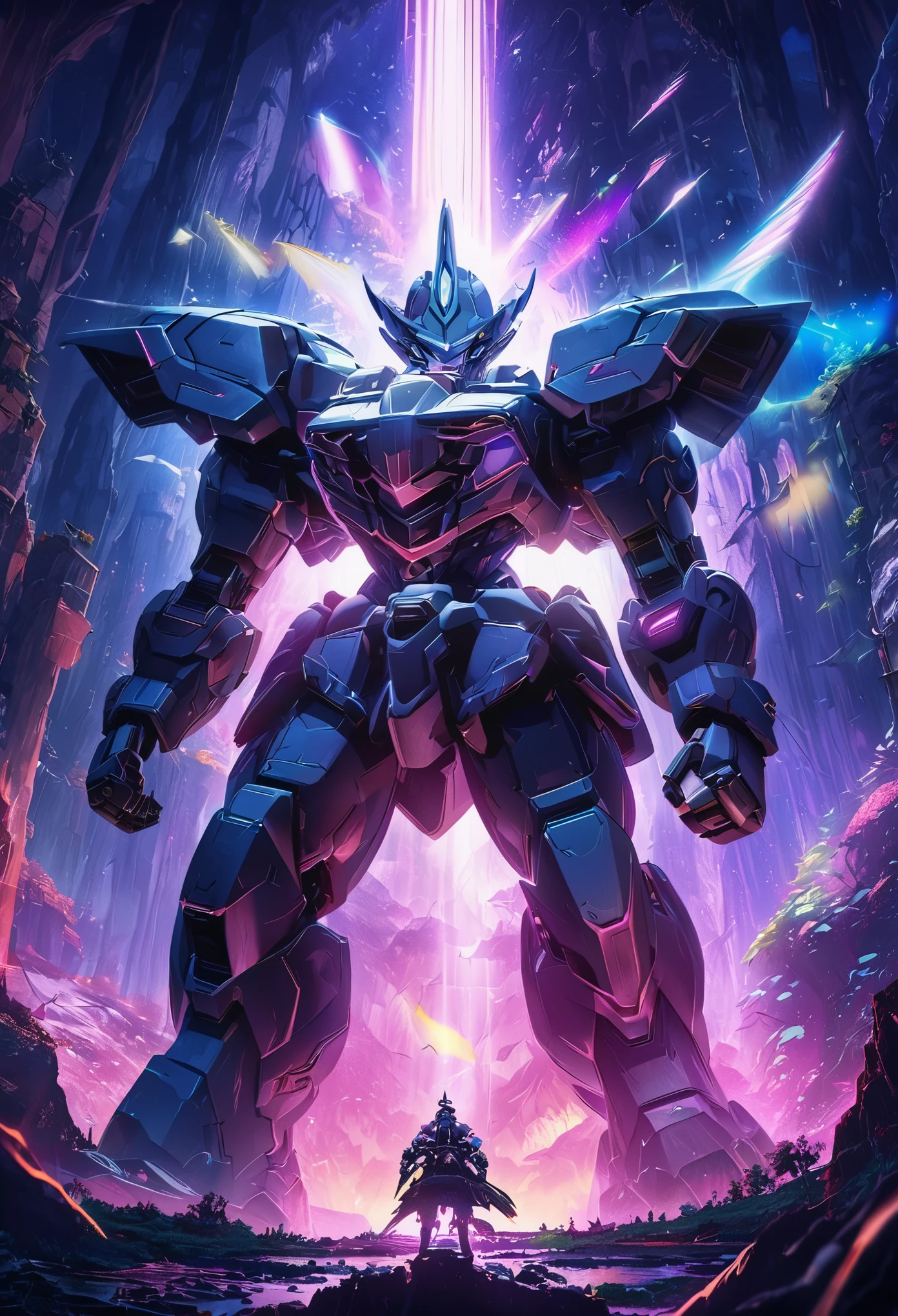 8K、masterpiece、highest quality、highest level、best image quality、intricate details、High resolution、A mecha warrior is moving through a tropical jungle in another world..、cross the river、(SF)、The mecha warrior is as tall as a jungle tree.々higher than、Metal skeleton and armor parts、There is a reactor on the back、A form composed of curved surfaces、(Painted with camouflage pattern)、((Defeat the enemy with the giant chainsaw-shaped sword held in your right hand..))、(An optical camera is mounted on the head, sensor, and smoke discharger.)、(The undercarriage has a sturdy and sturdy structure)、((Dynamic and powerful composition like an action movie))、(remains of the enemy&#39;The mechs you fought are scattered)、(A huge aerial battleship is firing overhead.), volume lighting, soft light, bright, neon, Bright colors, watercolor painting, bright色, Create digital artwork in pop art style