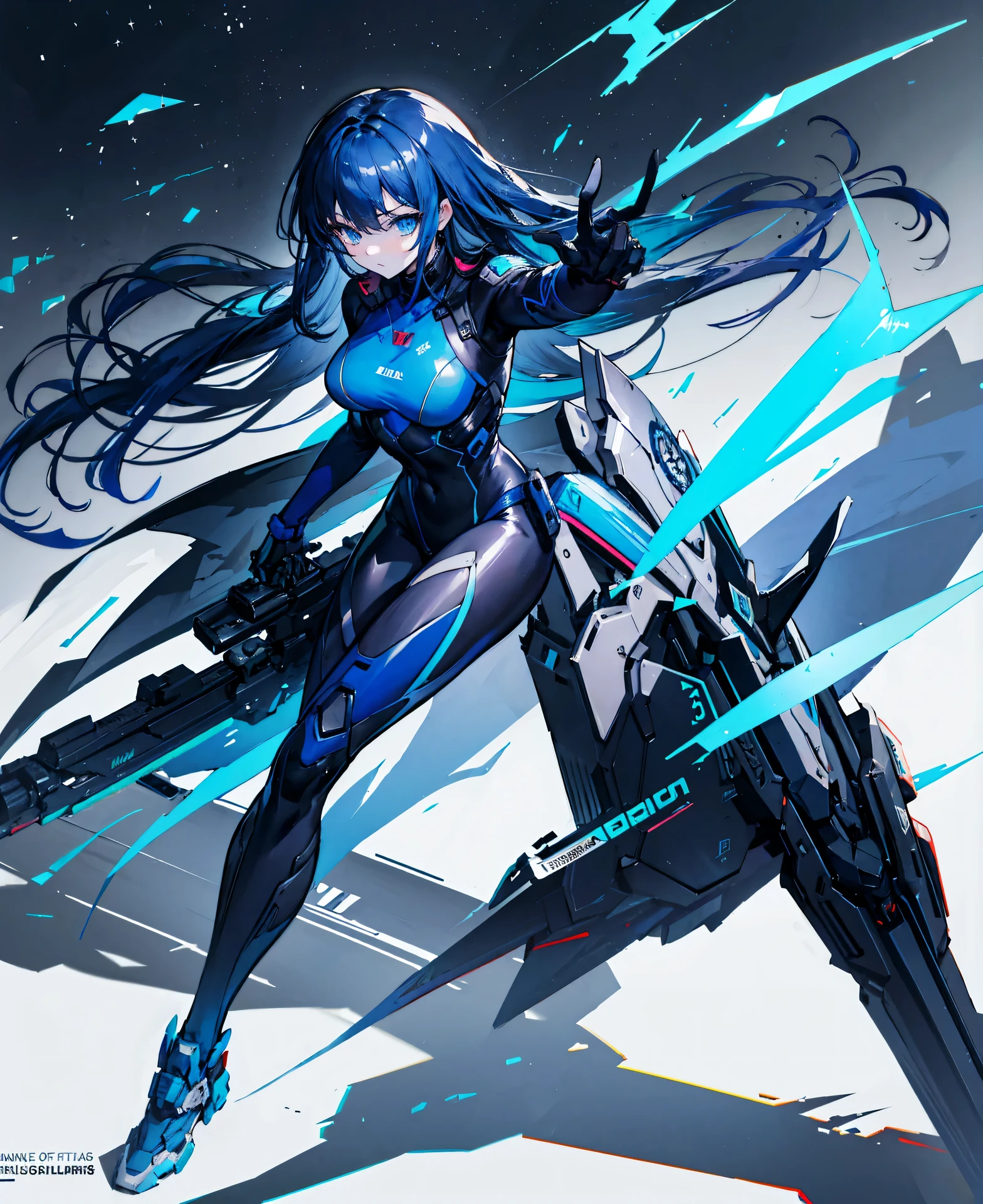 no background，girl，carry a firearm，Enamel style tight suit，use of firearms，dark blue long hair，attention arousal，blue colored eyes,no gradation