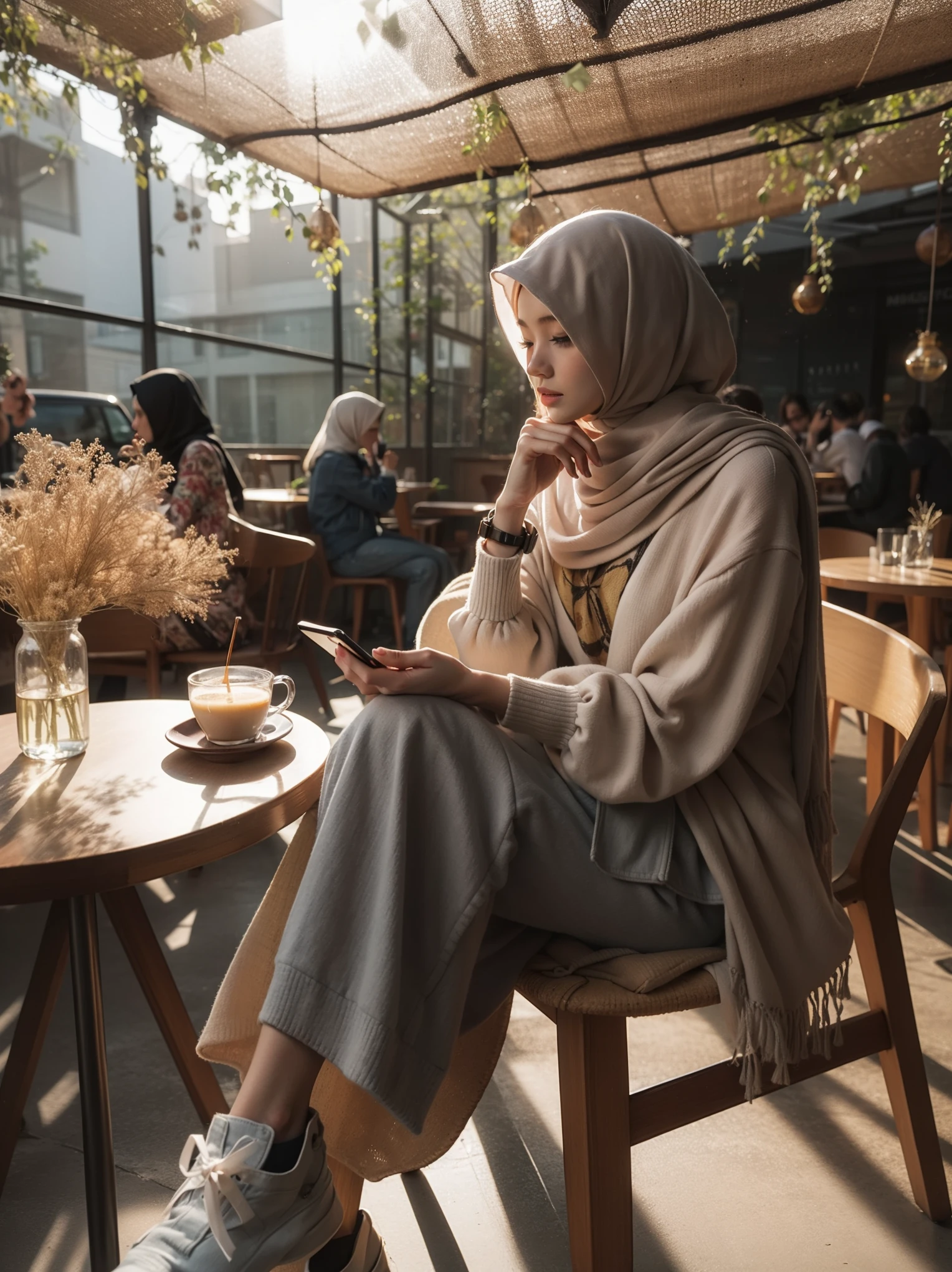 woman sitting in a chair with a cell phone in her hand, sitting in a cafe, sitting in a cafe alone, sitting alone in a cafe, in a coffee shop, sitting on a mocha-colored table, afternoon, afternoon hangout, hijab, taken at golden hour, in a bright cafe, morning time, at sunrise, cozy aesthetic, early morning mood, afternoon time