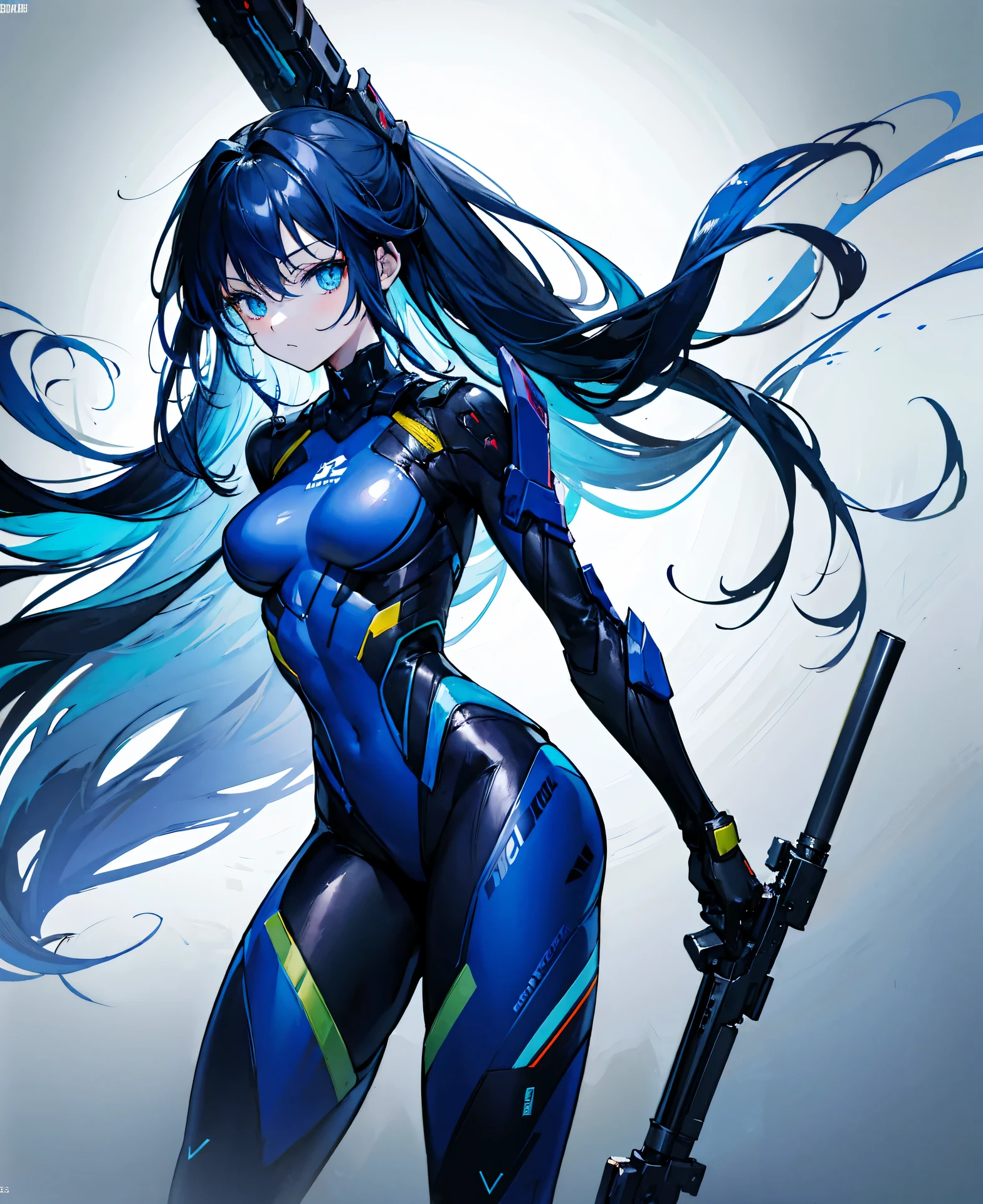 no background，girl，carry a firearm，Enamel style tight suit，use of firearms，dark blue long hair，attention arousal，blue colored eyes,no gradation