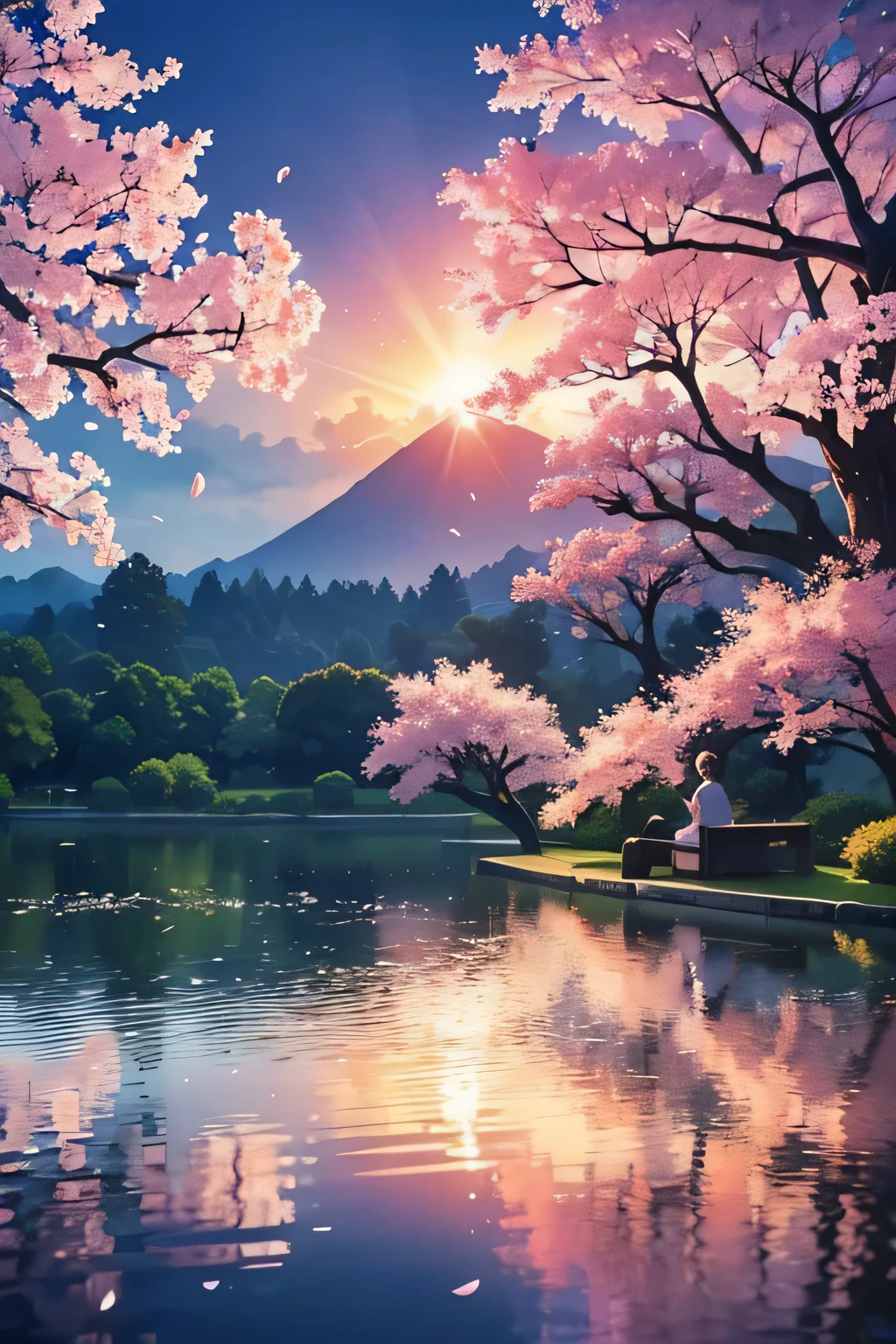 The animation opens to a picturesque view of a traditional Japanese garden, bathed in the soft hues of dawn. Cherry blossom trees stand tall, their delicate pink petals gently swaying in the breeze. A young couple sits beneath the blossoms, sharing a tender moment as they listen to the soothing melody of a distant flute. Japanese 2D anime style animation, 8K HD quality.