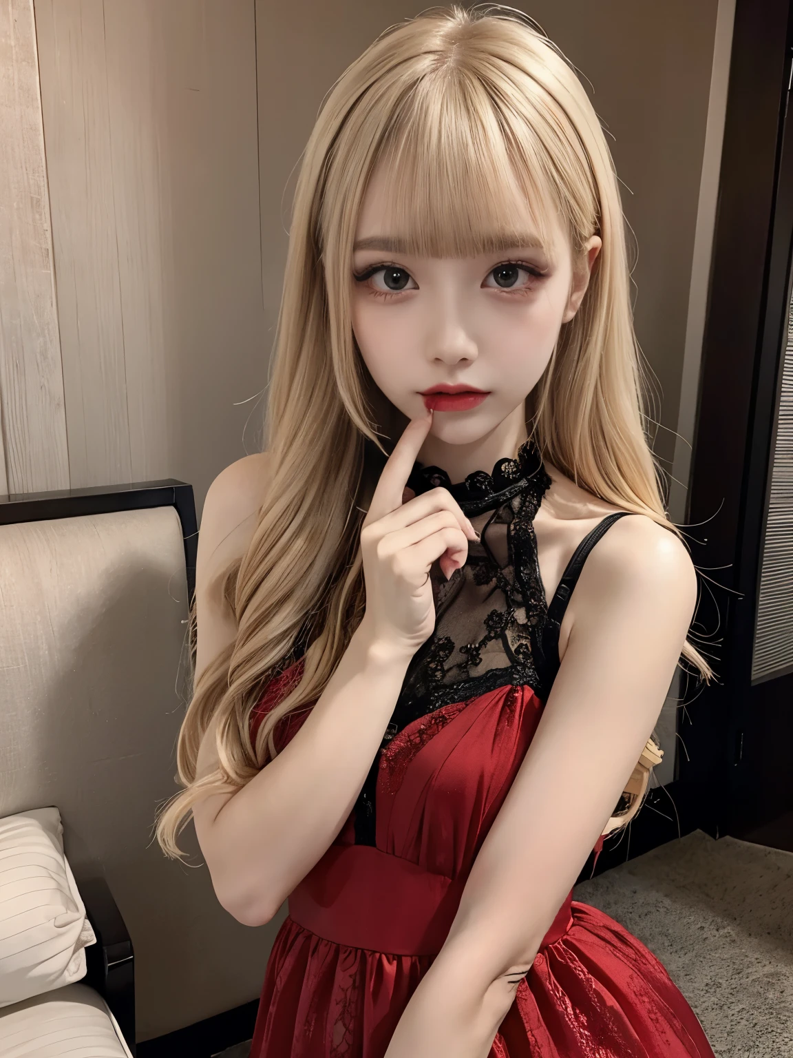 raw photo, 8k, (top-quality), Realistic, (real picture, Intricate details), (natural skin texture, detailed skin, hyper realism, sharpness), (Japanese teenage crying girl in a hotel), ((red evening dress, sleeveless, lace dress)), (pale skin:1.2), slender body, ((light blond hair:1.3, long hair, blunt bangs)), (seductive face, expression of sadness, Parted lips:1.3, eye shadow, eyeliner, tear bag:1.2, red lip, undereye circle, crying, shed tears), night time, spot lighting:1.3, upper body shot