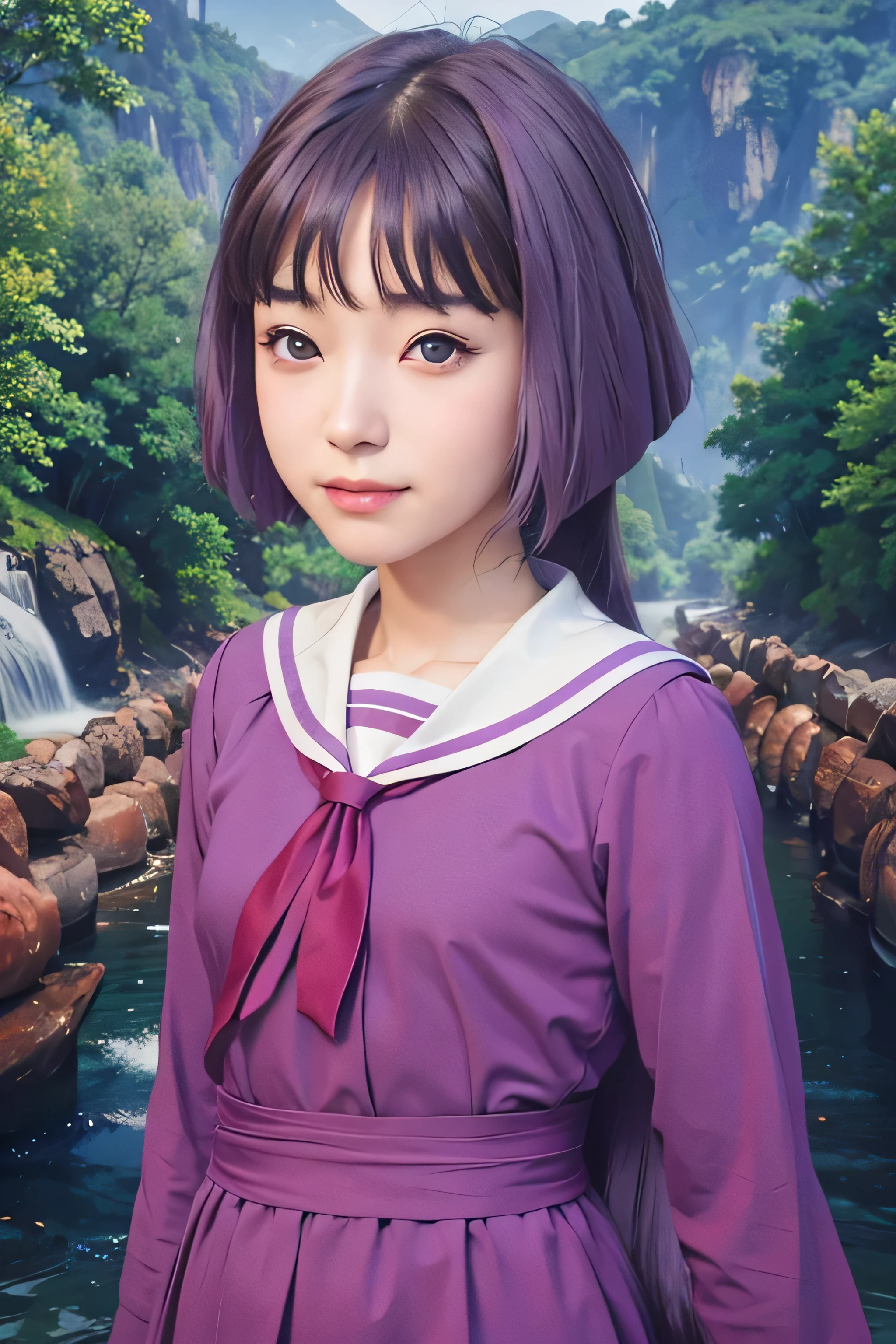 masterpiece, best quality, (realistic,photo-realistic:1.4), (RAW photo:1.2), extremely detailed CG unity 8k wallpaper, delicate and beautiful, amazing,finely detail, official art, absurdres, incredibly absurdres, huge filesize, ultra-detailed,extremely detailed eyes and face,light on face,sumire kakei,(little smile),(purple hair:1.4),(long hair:1.6),(school uniform:1.4),bridge