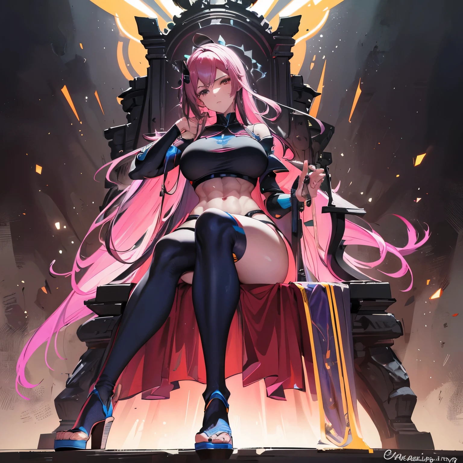 (waifu), ((sitting on giant throne)), ((huge throne)), Nobara, on moving machine, ((long hair)),  more background, medieval, (full body), (high resolution), (high res), great quality, mature, perfect eyes, strong shadows, detailed face, detailed abs, direct light, under light, strong jaw,  massive ass, neon lights, thick thighs, long torso, wide waist, skinny torso, fit, perfect face, neon light, (tight armor), (colorful vibrant light),