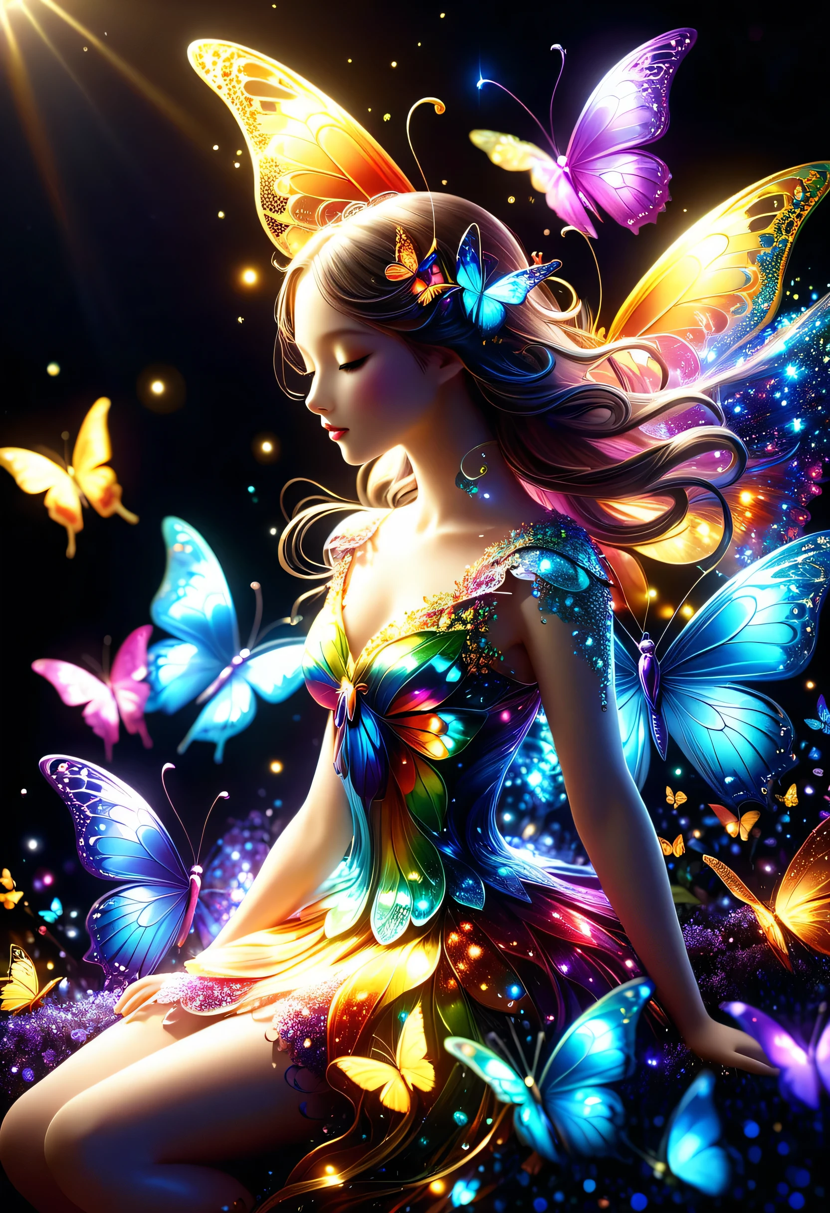 暗闇の中を羽ばたくbutterfly々shine、As beautiful as a dream、It touches my heart.,butterfly々:Rainbow-colored:seven colors:luminescence:shine,dark background,flash,とてもflash,masterpiece,最高masterpiece,best configuration,beautiful sight,dream-like,優しくshinebutterfly々,gracefully,rendering,unreal engine,Elements of Zentalg,intricate details,gracefully描く,with great care,particles of light:shine鱗,butterflyの羽ばたきの軌跡がshine,rich colors,colorful,anatomically correct,beautiful light and shadow,Mysterious,fantasy,fantasy,digital art