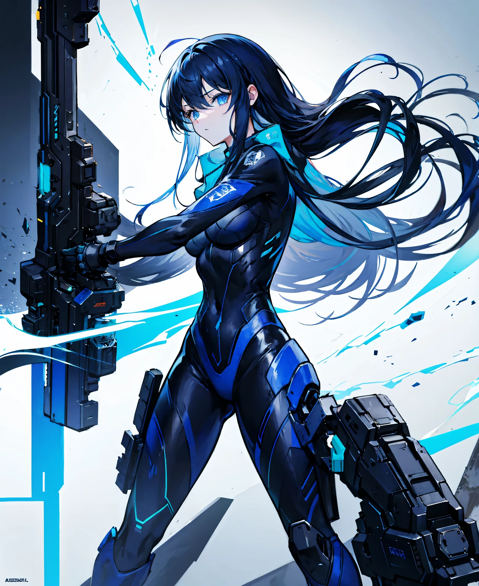 no background，girl，carry a firearm，Enamel style tight suit，use of firearms，dark blue long hair，attention arousal，blue colored eyes,no gradation