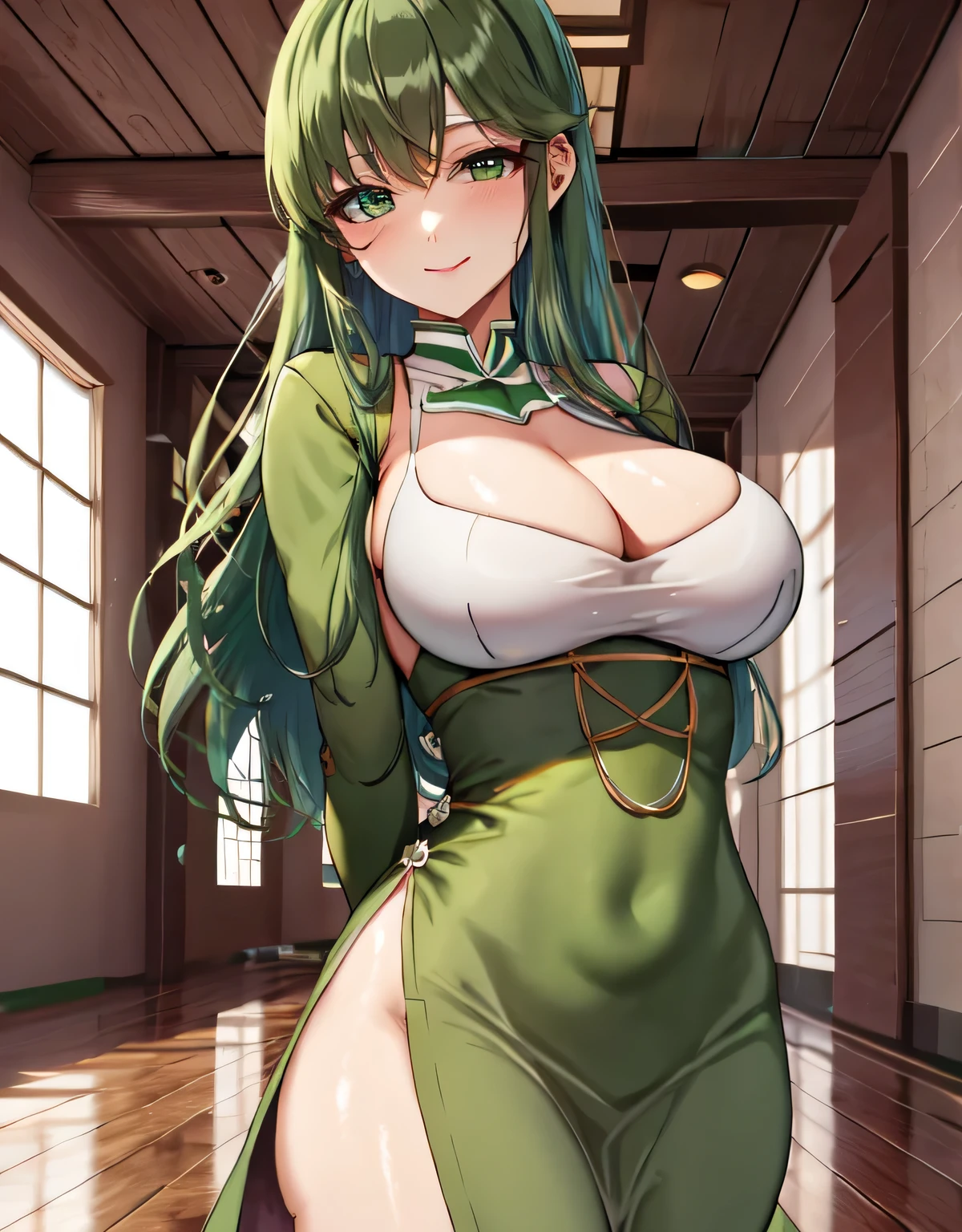 (big breasts:1.5),(shiny,hair),((alone)),((masterpiece)),((highest quality)),perfect anatomy,slim waist,perfect image,8k uh,(detailed and beautiful eyes:1.5),highly detailed face,Are standing,(Upper body:1.1),(look ahead:1.1),back arm,Super detailed,disorganized,High resolution,ball,(green dress),(shiny green dress:1.1),(green eyes),long hair,indoor hall,smile,