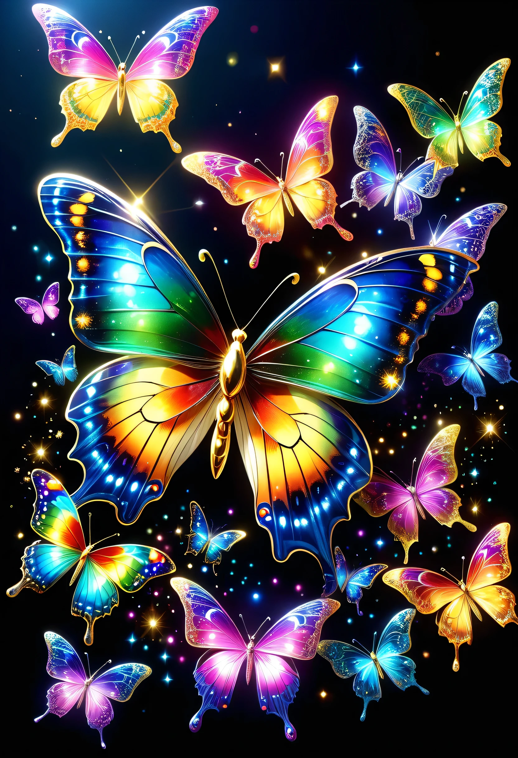 暗闇の中を羽ばたくbutterfly々shine、As beautiful as a dream、It touches my heart.,butterfly々:Rainbow-colored:seven colors:luminescence:shine,dark background,flash,とてもflash,masterpiece,最高masterpiece,best configuration,beautiful sight,dream-like,優しくshinebutterfly々,gracefully,rendering,unreal engine,Elements of Zentalg,intricate details,gracefully描く,with great care,particles of light:shine鱗,butterflyの羽ばたきの軌跡がshine,rich colors,colorful,anatomically correct,beautiful light and shadow,Mysterious,半透明なbutterfly々