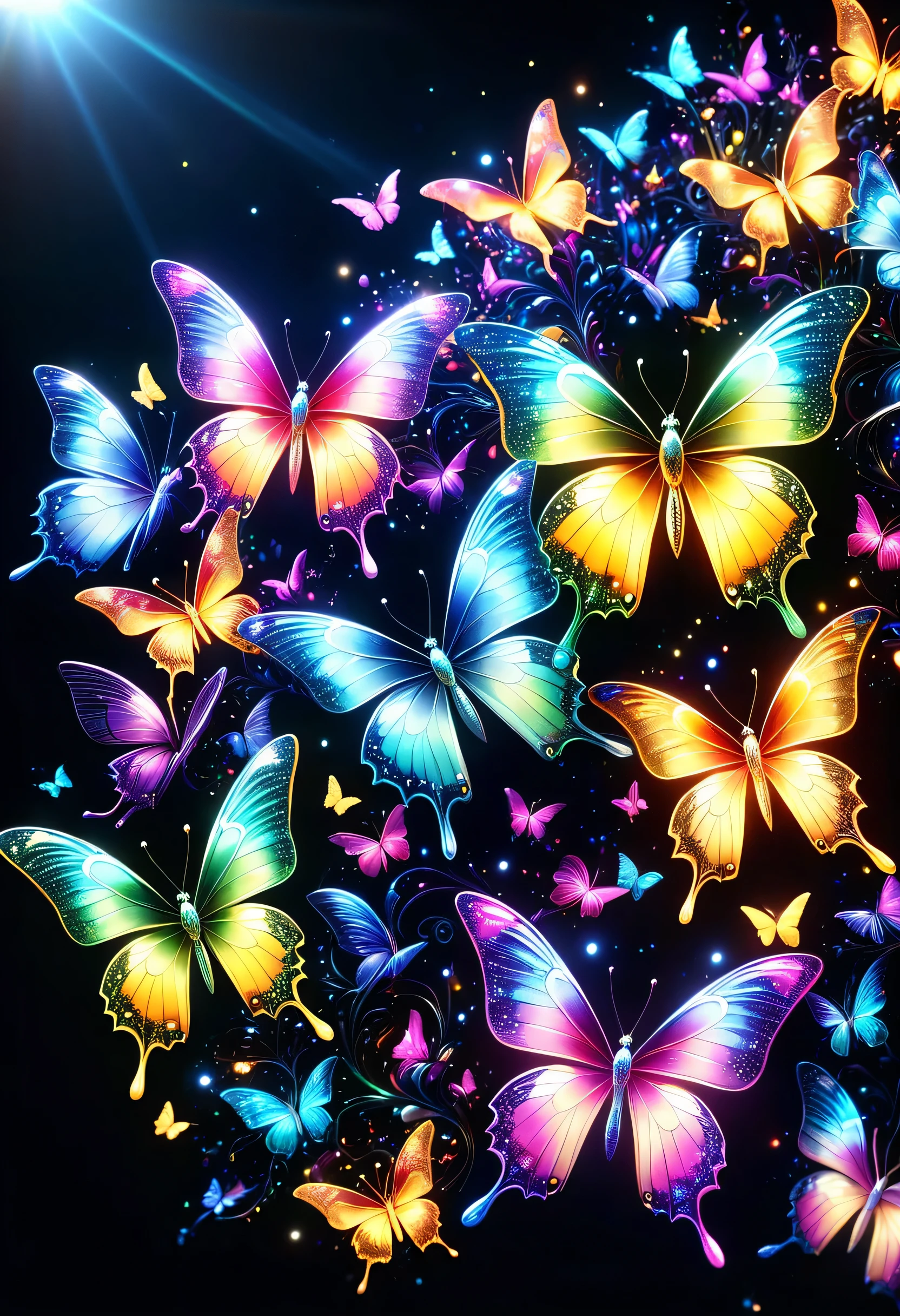 暗闇の中を羽ばたくbutterfly々shine、As beautiful as a dream、It touches my heart.,butterfly々:Rainbow-colored:seven colors:luminescence:shine,dark background,flash,とてもflash,masterpiece,最高masterpiece,best configuration,beautiful sight,dream-like,優しくshinebutterfly々,gracefully,rendering,unreal engine,Elements of Zentalg,intricate details,gracefully描く,with great care,particles of light:shine鱗,butterflyの羽ばたきの軌跡がshine,rich colors,colorful,anatomically correct,beautiful light and shadow,Mysterious,半透明なbutterfly々