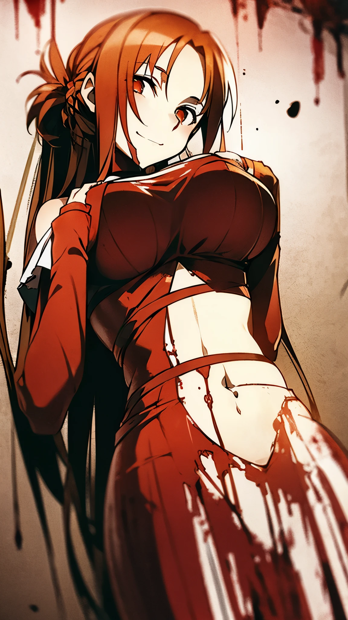 ((masterpiece)), ((best quality)), ((grotesque and splatter)), beautiful girl, curvy, tall, exposed belly, belly button, big breasts, femdom, slaughter, bloody white dress, Blood on the body, Bloody, Blood on the belly button, Blood on the belly, Blood on the breasts, tall, bloody knife, bloody sword, bloody belly, war, fight, kill, Behead, shot from below, POV from fallen enemies, sensual, Blood on the breasts, smile, spattered by much blood, having a big bloody sword, reflecting blood on the whole body, looking down on me, massaging breasts, getting excited sexially, kill everyone, blood splatter, cruel, background with battlefield, cut off head of man, holding a severed head