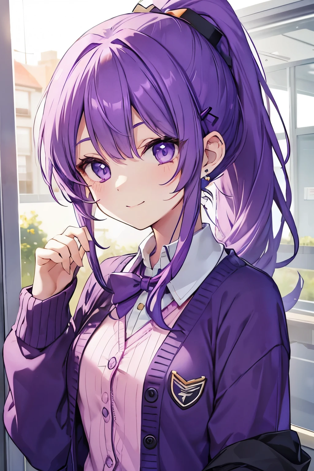 purple hair purple eyes、 girl、small breasts、ponytail、smile、gal girl、wearing cute earrings、uniform、knit cardigan、With eye highlights、School、Cute Hairpins