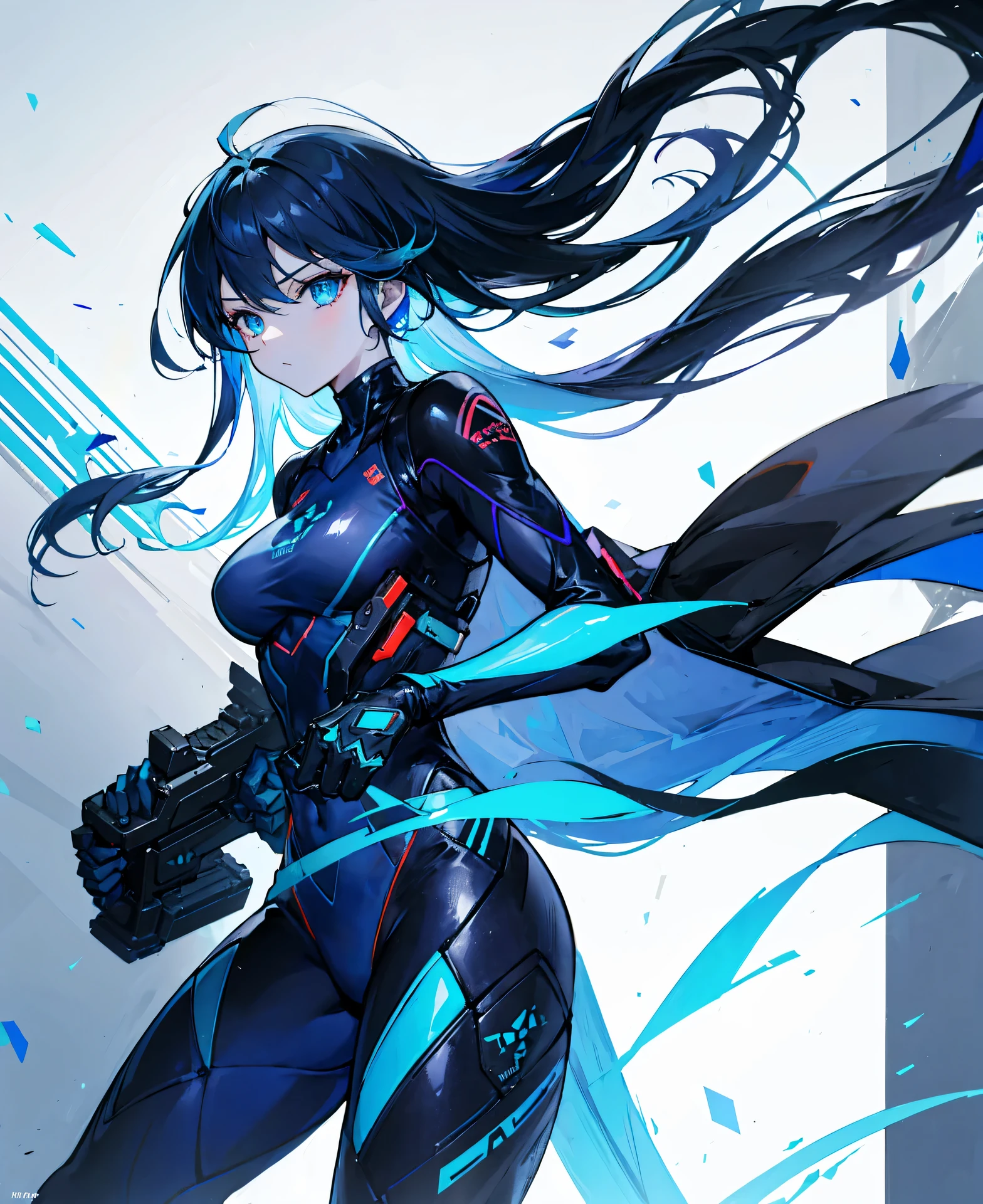 no background，girl，carry a firearm，Enamel style tight suit，use of firearms，dark blue long hair，attention arousal，blue colored eyes,no gradation