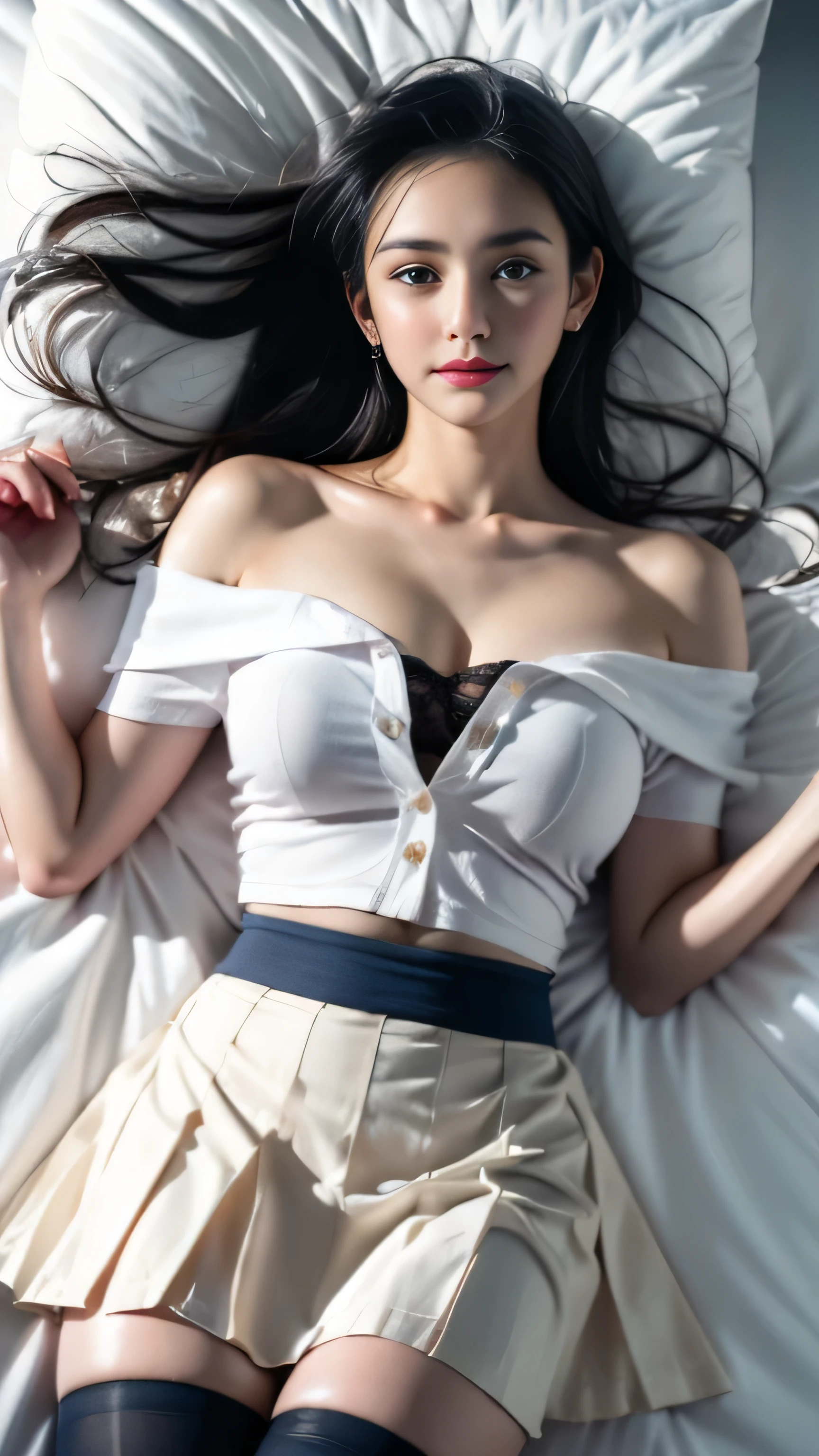 ( girl lying on the bed),charming eyes,heartwarming action,turn away from the camera,bent down,bend over,turn back,raise your head,thick long black hair,highly detailed body,highly detailed face,highest quality、(P iNK underwear),(high school girl),((off shoulder translucent white blouse)),(Valley adjustment),((navy check flare skirt)),(black stockings)、