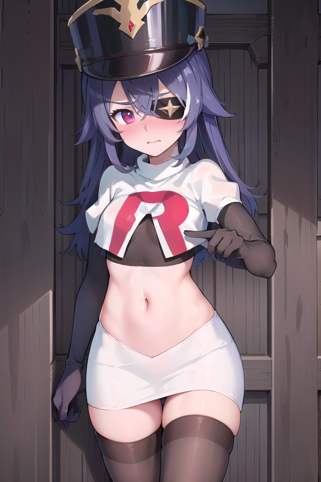 ((masterpiece,best quality)), 1girl, chevreuse, shako cap, eyepatch, blush, team rocket,team rocket uniform, red letter R, white skirt,white crop top,black thigh-highs,black elbow gloves, embarrassed, blush