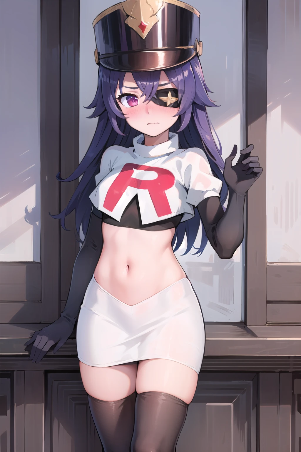 ((masterpiece,best quality)), 1girl, chevreuse, shako cap, eyepatch, blush, team rocket,team rocket uniform, red letter R, white skirt,white crop top,black thigh-highs,black elbow gloves, embarrassed, blush