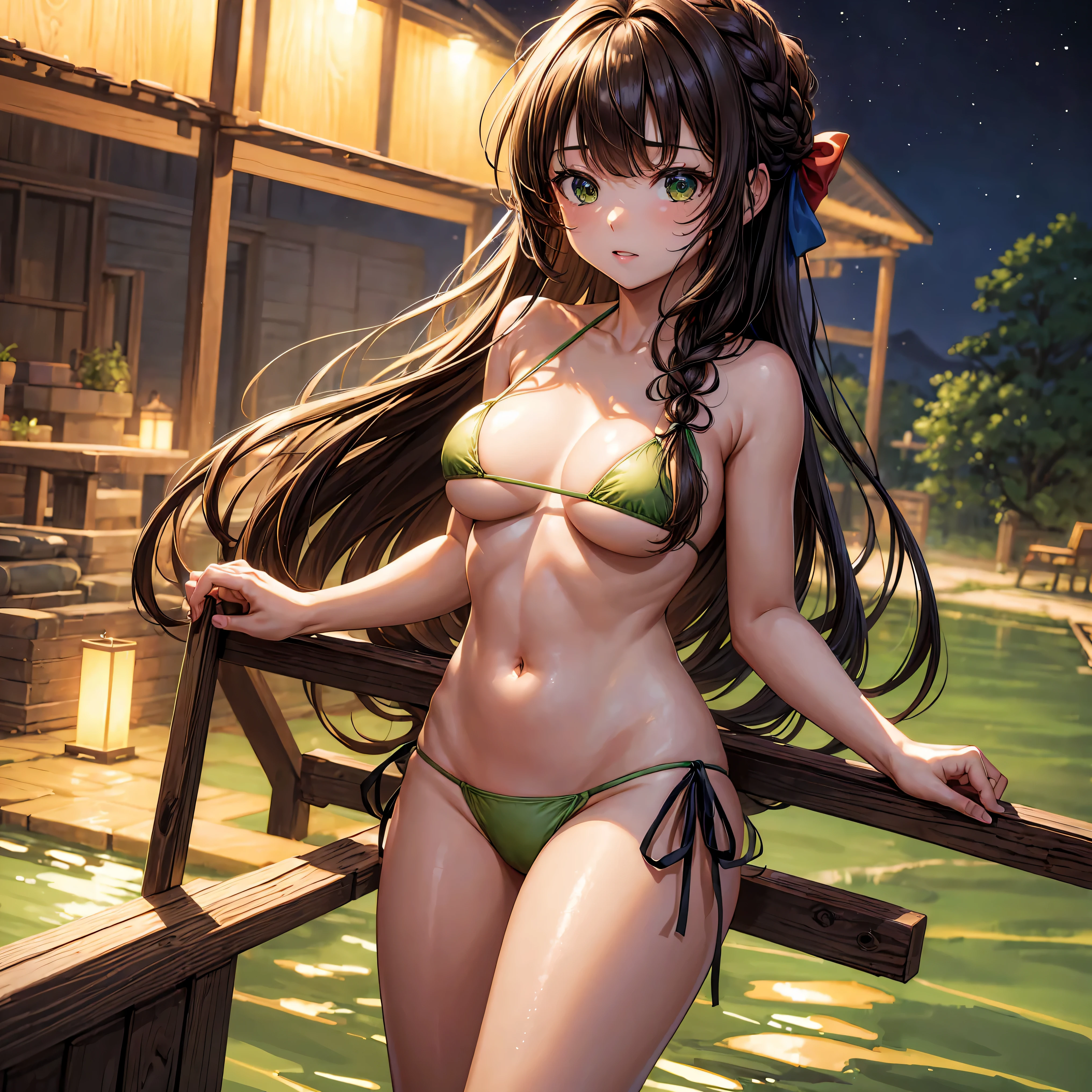 ((masterpiece,best quality)), highres, extremely detailed 8K wallpaper, depth_of_field, cowboy shot, solo, 1girl, saeki sayaka yagatekimininaru, long hair, light brown hair, braid, green eyes, bow, big breasts, , (minimum micro bikini:1.2), pool, night,